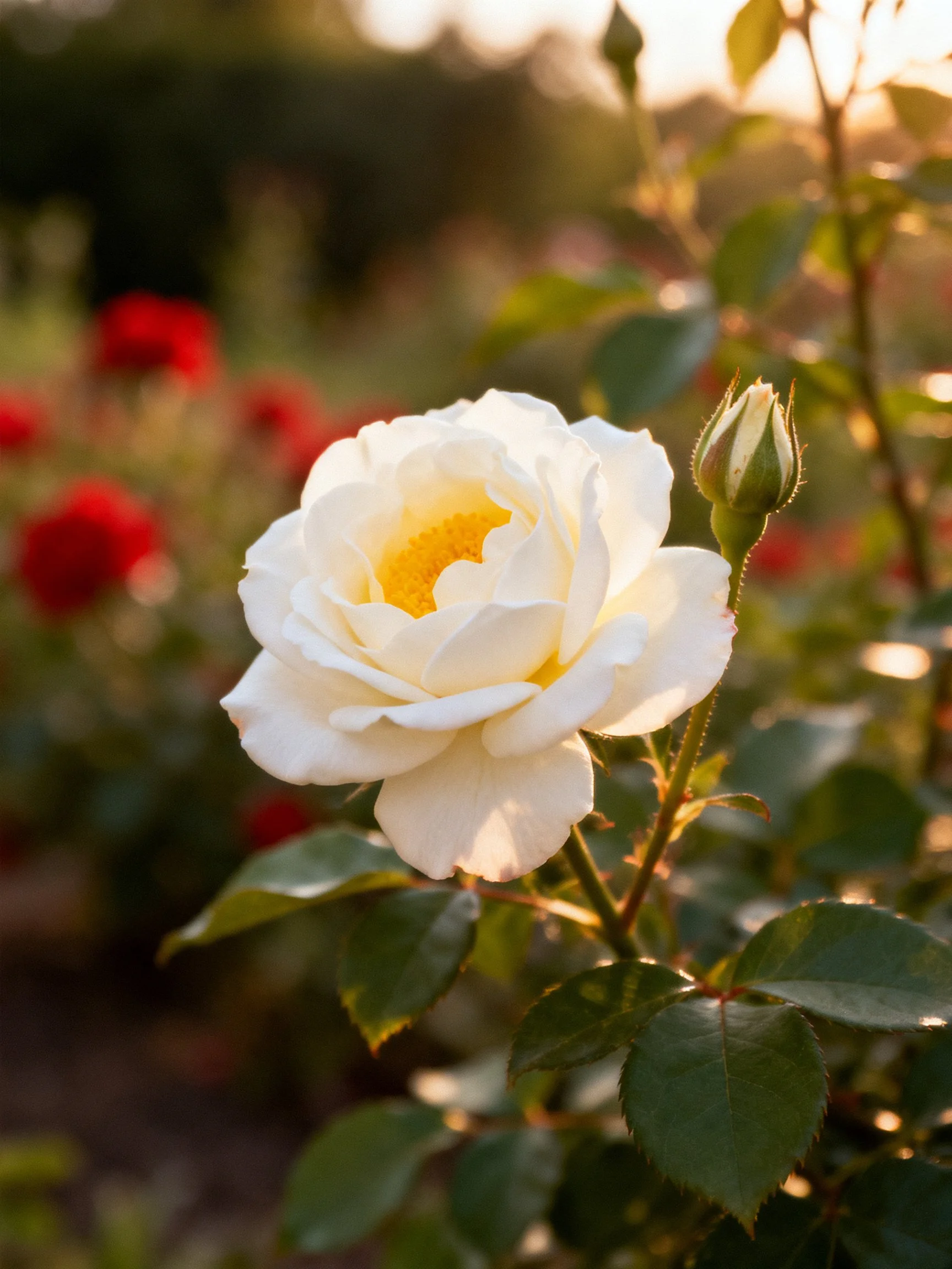 A white rose blooms near a bud, red roses blur softly in the background