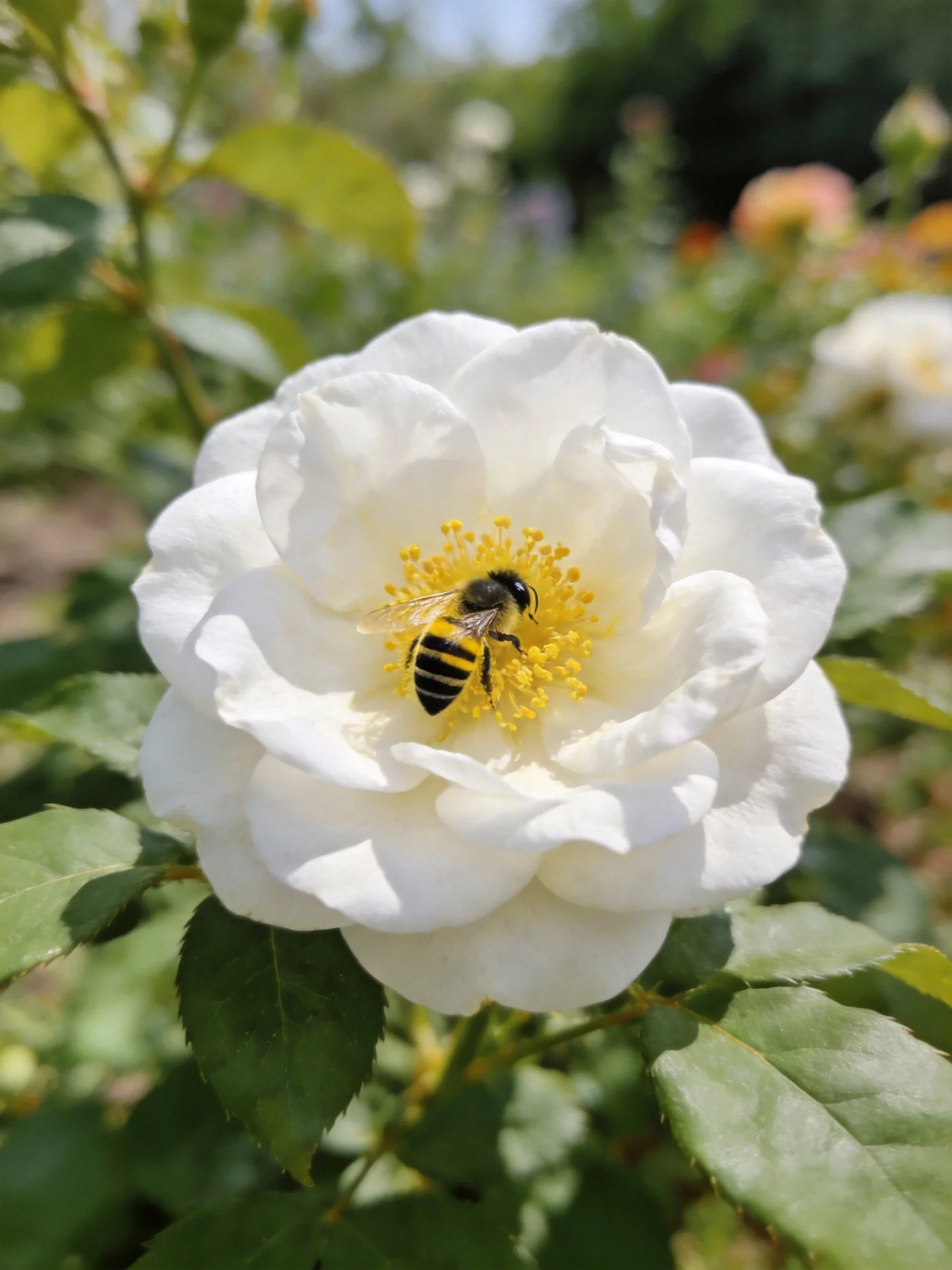 A white rose with a striped bee in its center