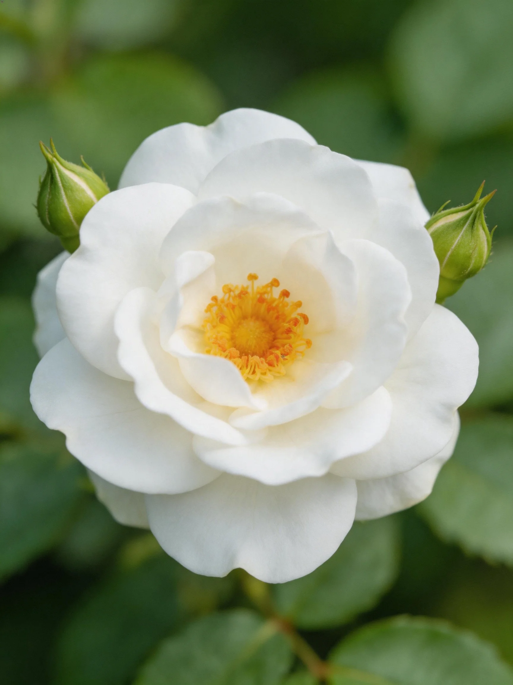 A white rose with a yellow center blooms near two green buds