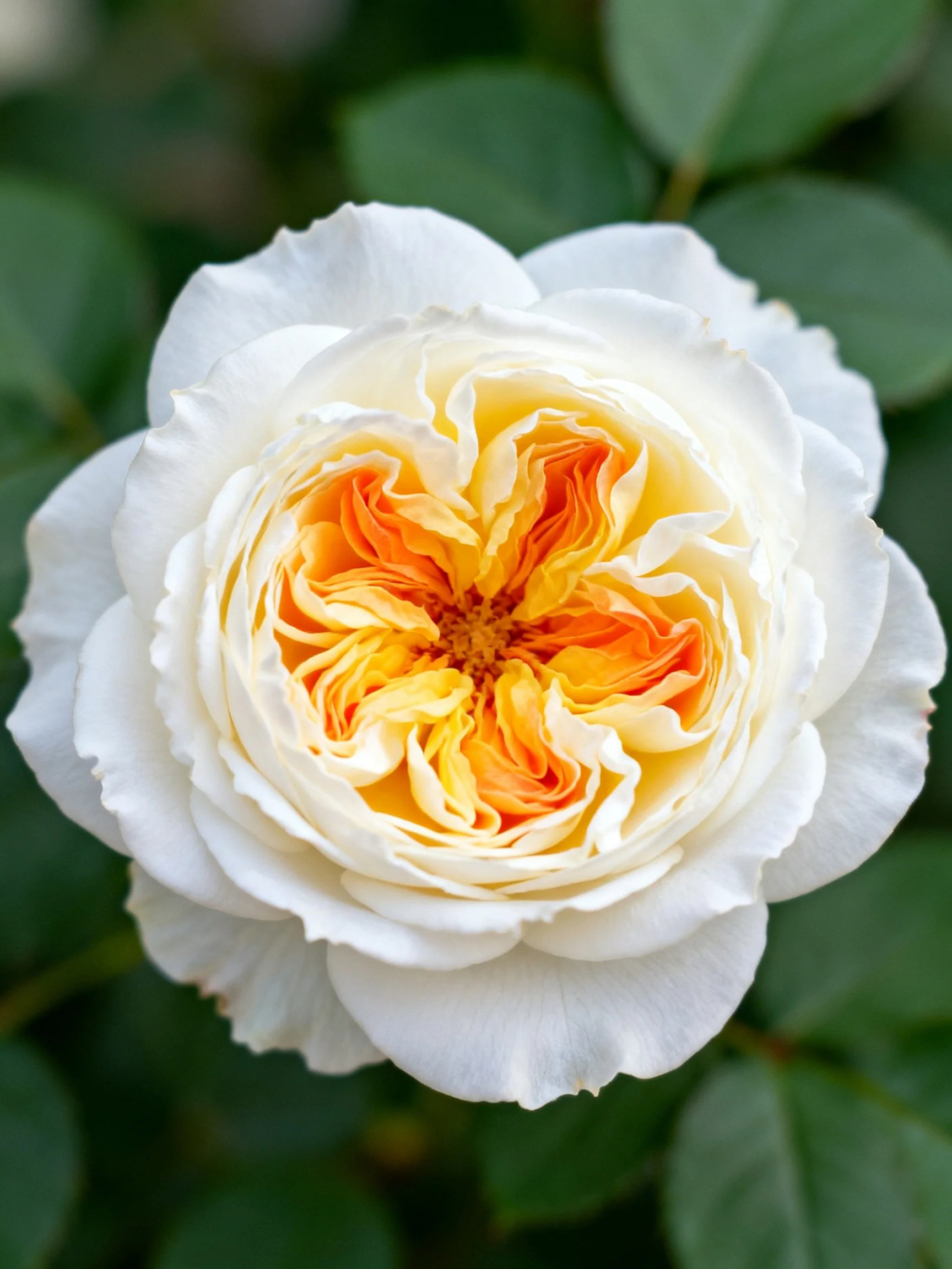 A white rose with layered orange-yellow center