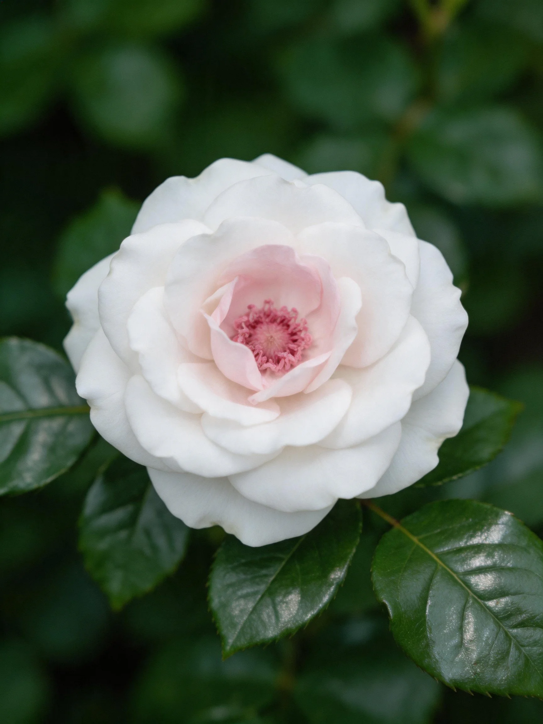 A white rose with pink center and dark green leaves