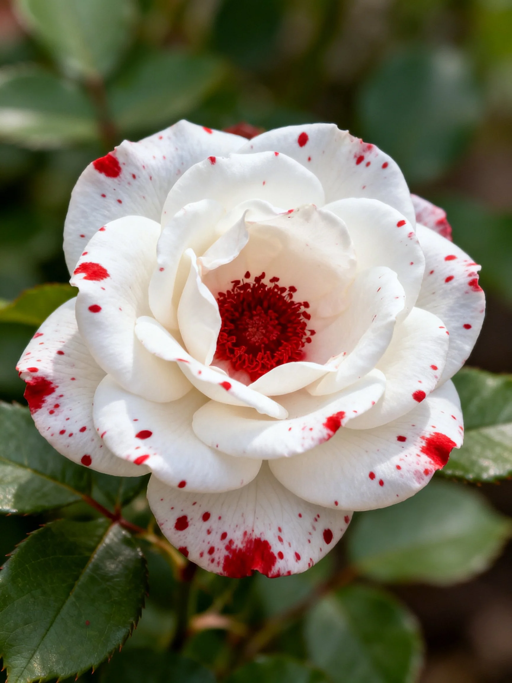A white rose with red speckles and a vibrant red center