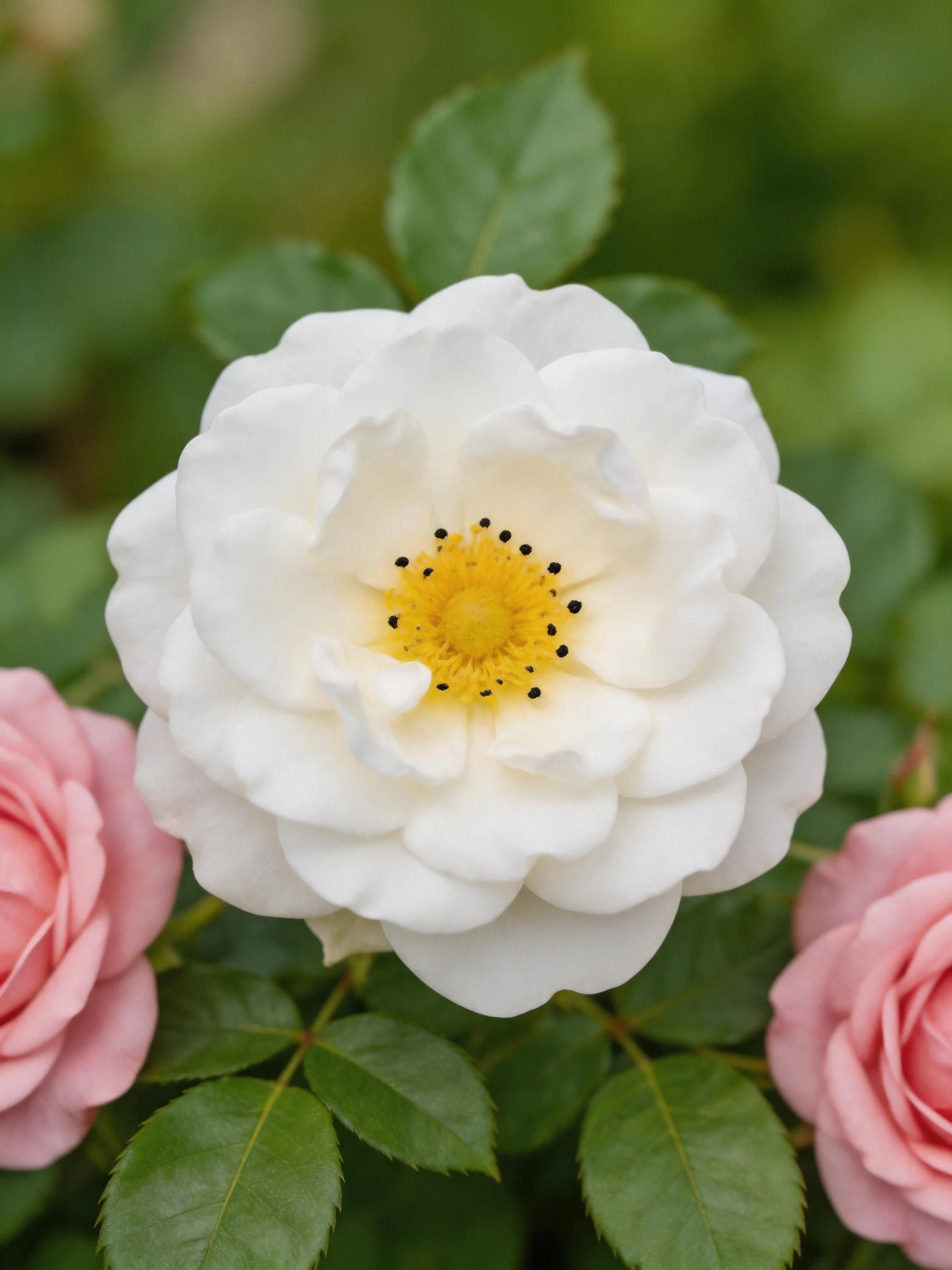 A white rose with yellow center amid pink roses and green leaves
