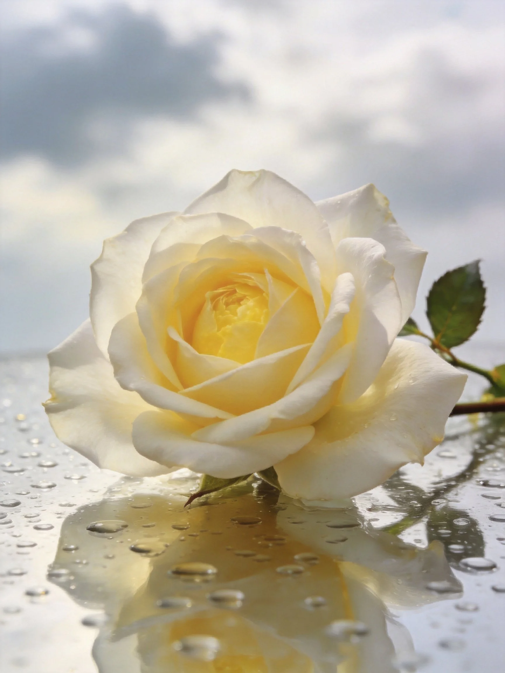 A white rose with yellow center rests on a dewy reflective surface