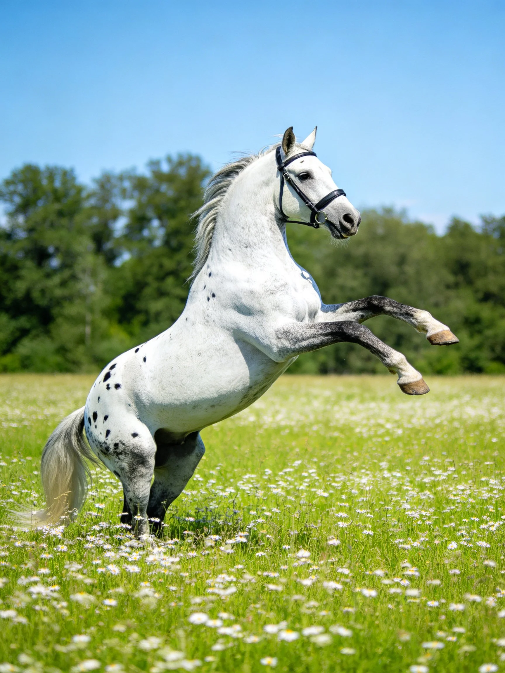 A white spotted horse rears in a flower-filled green meadow
