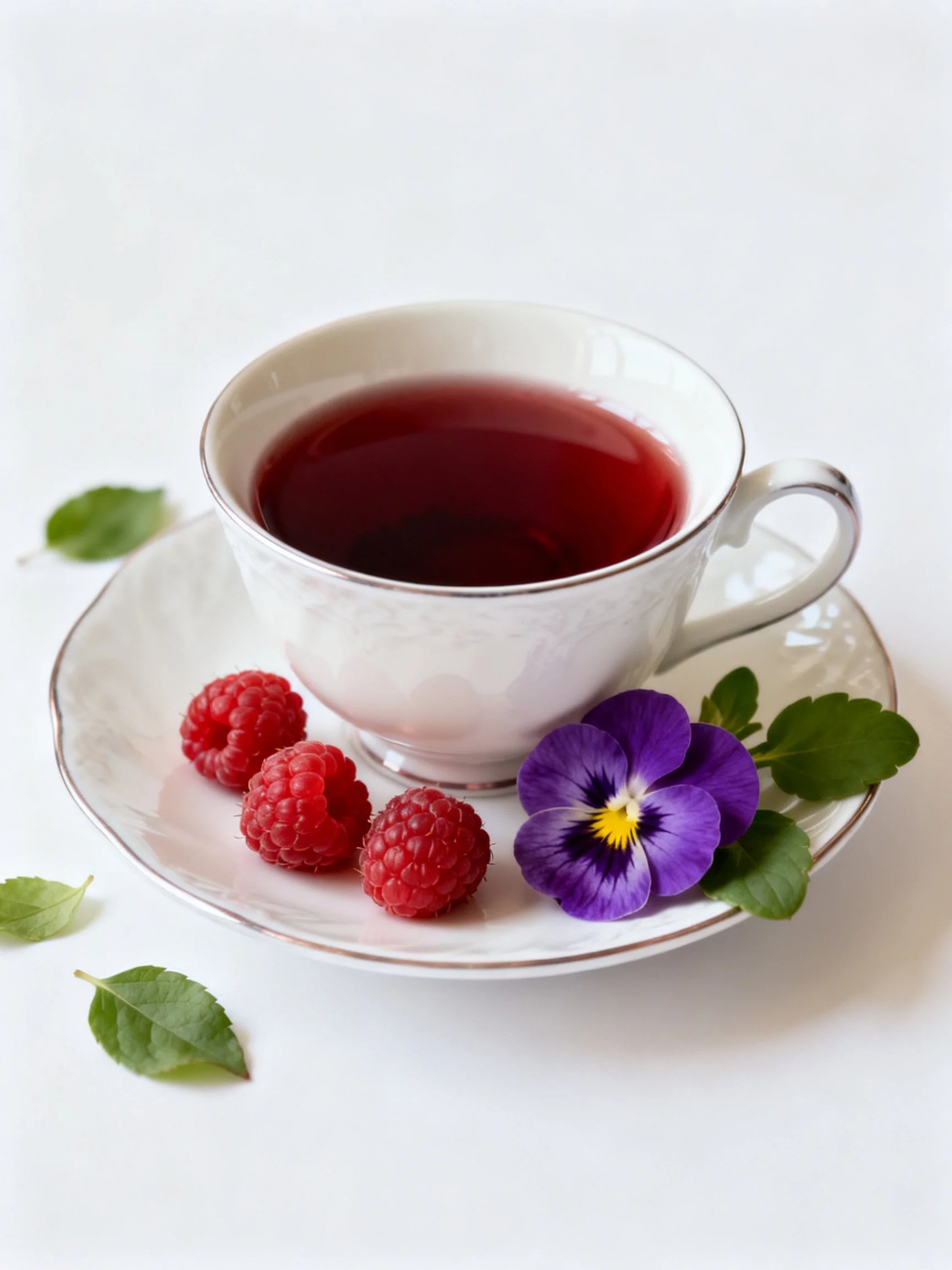 A white teacup holds dark red tea beside three raspberries and a violet flower