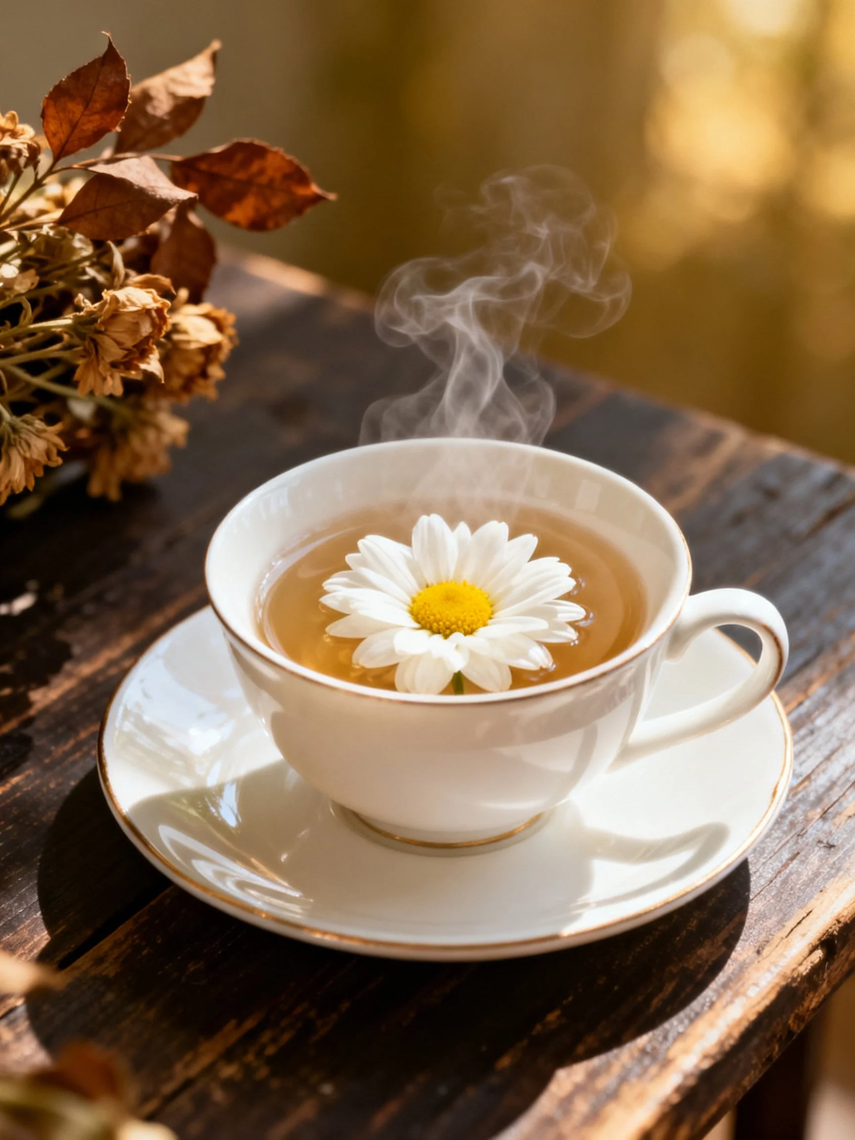 A white teacup with a floating chamomile flower on a wooden table