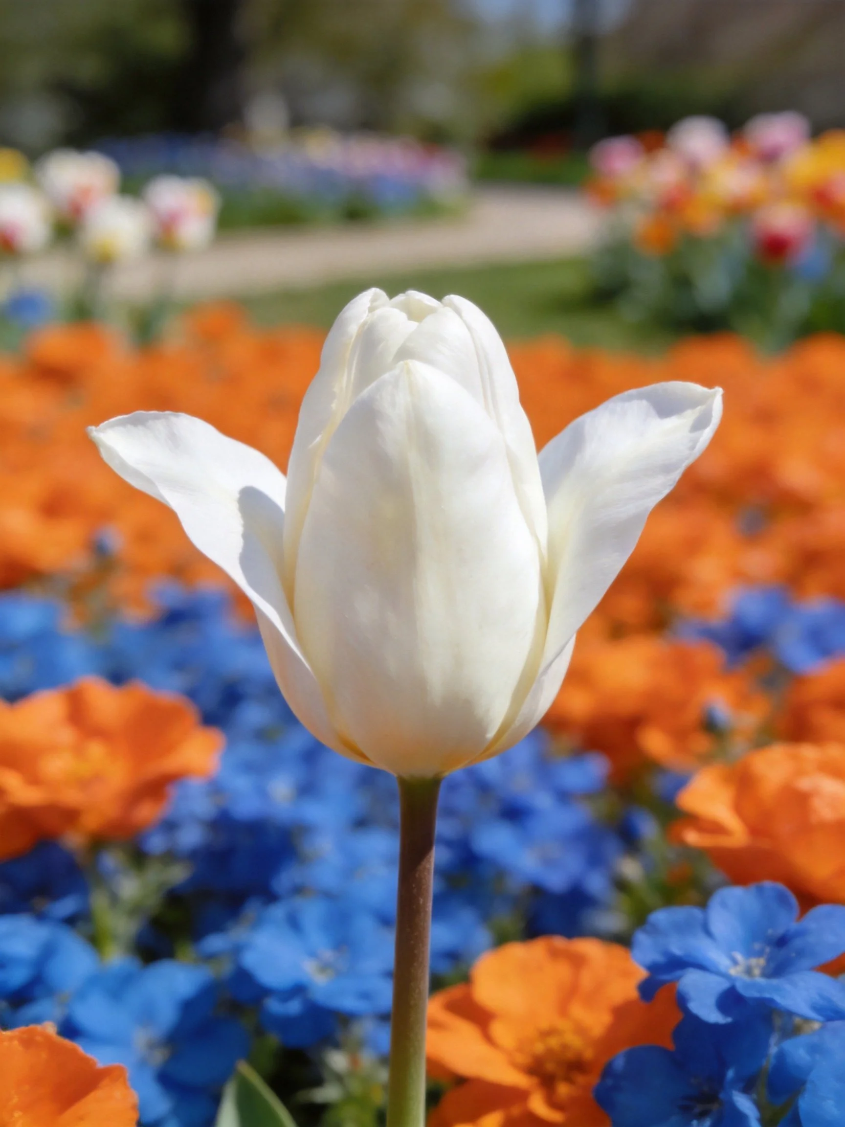 A white tulip bud amid vibrant orange and blue flower beds