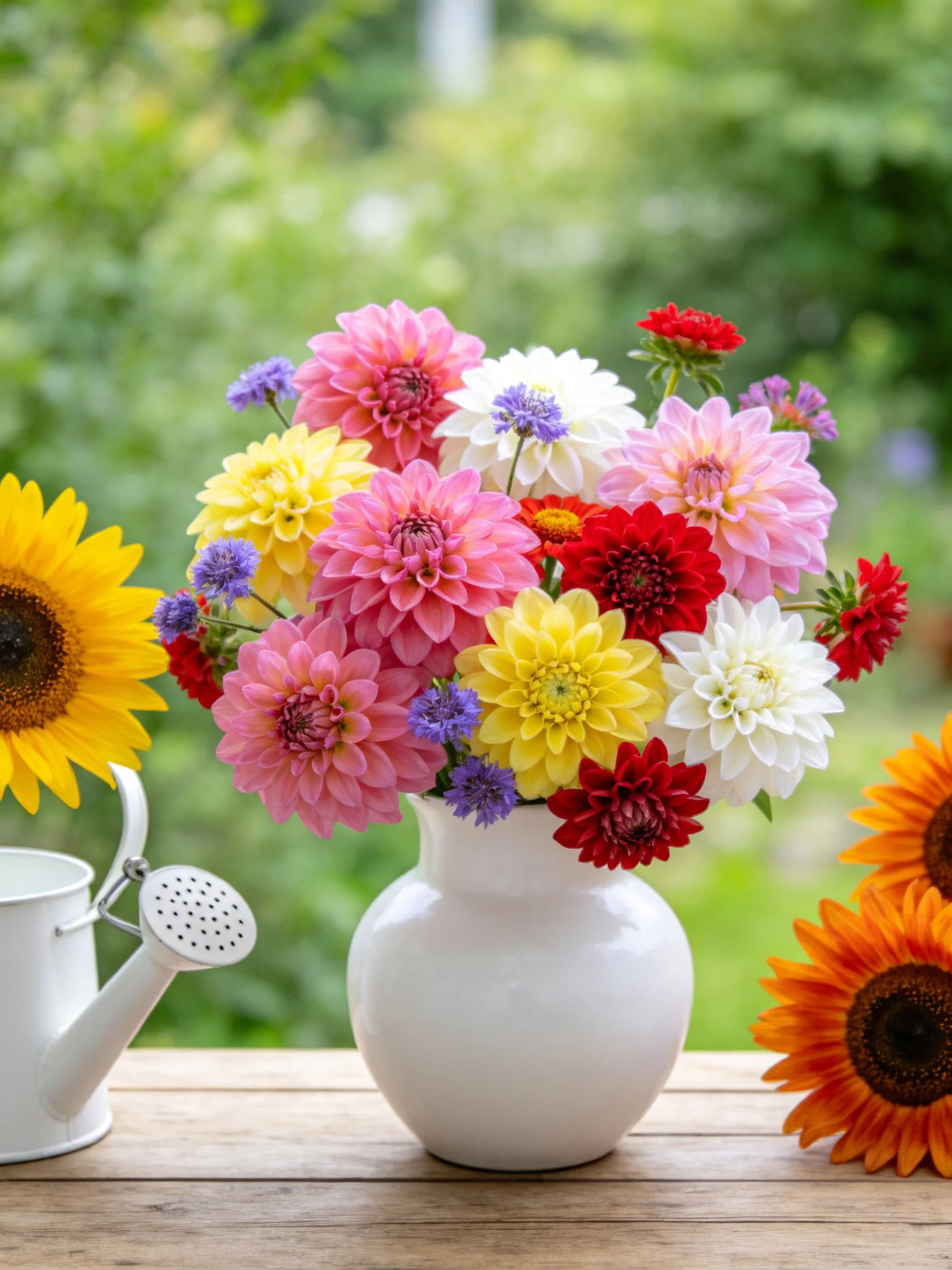 A white vase holds vibrant mixed flowers near sunflowers and a watering can