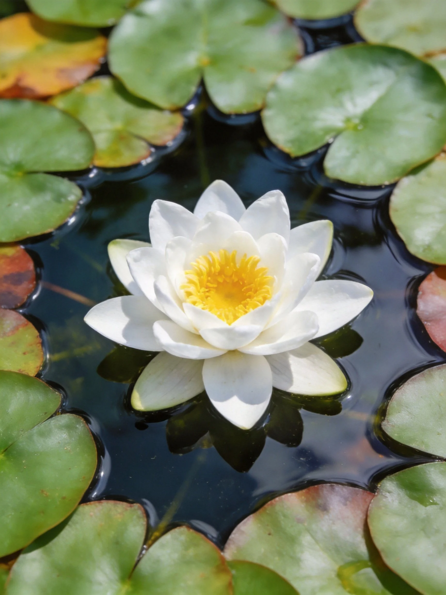 A white water lily blooms among green lily pads in calm water