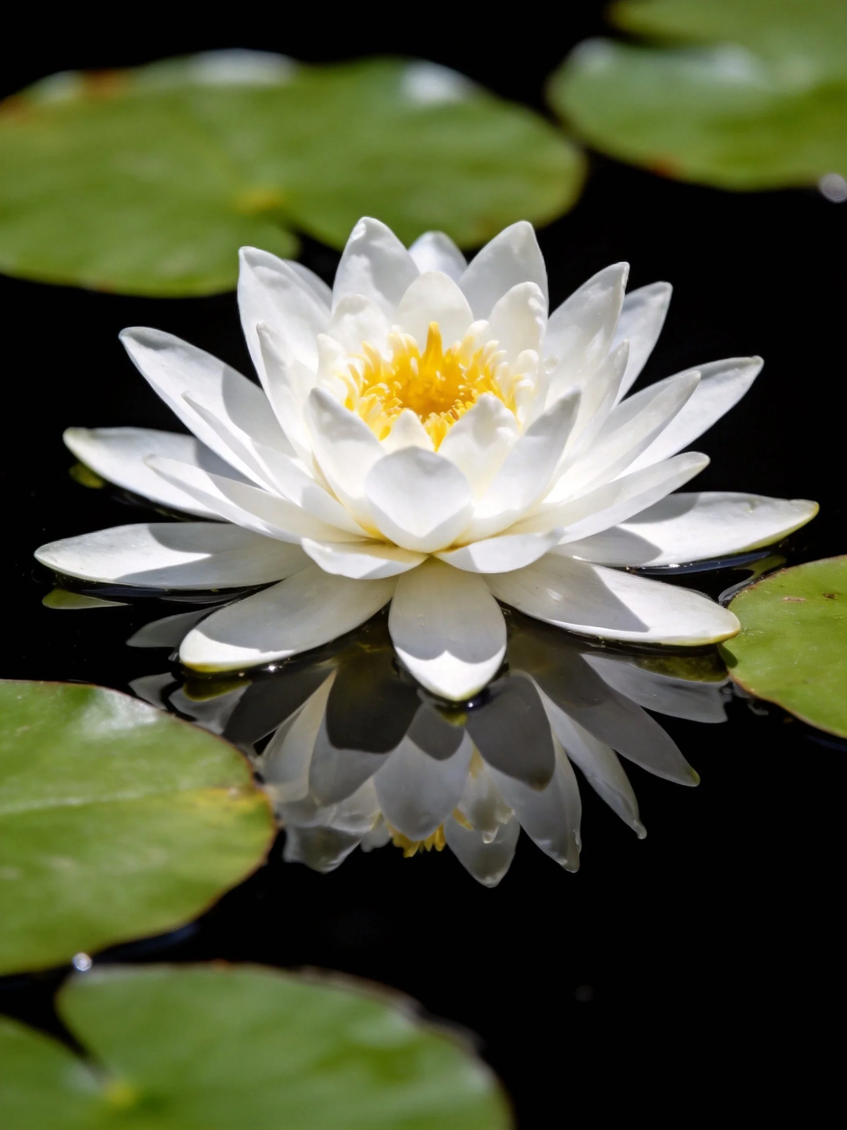 A white water lily blooms on dark water amid green lily pads
