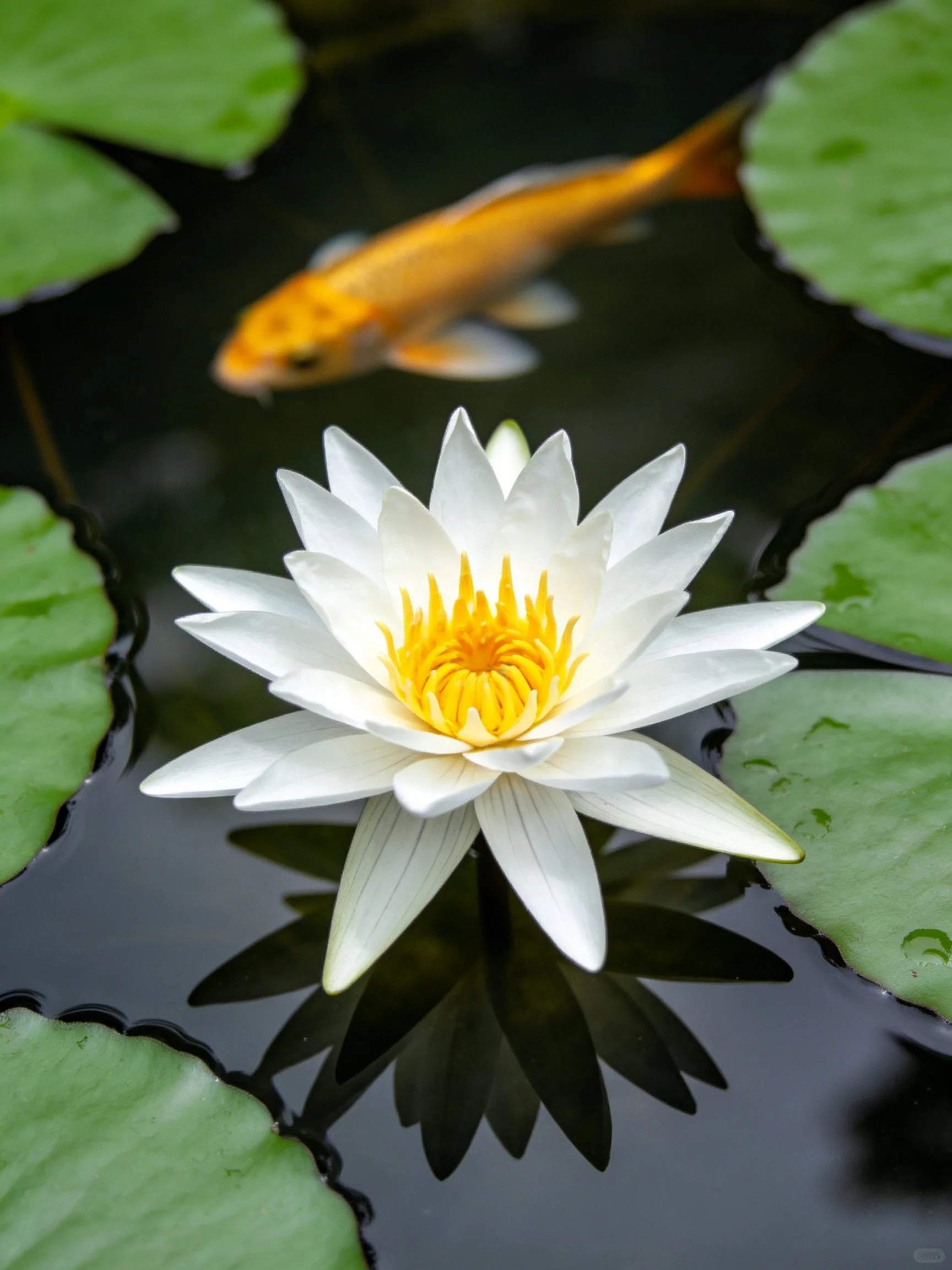A white water lily floats beside a golden koi fish amid green lily pads