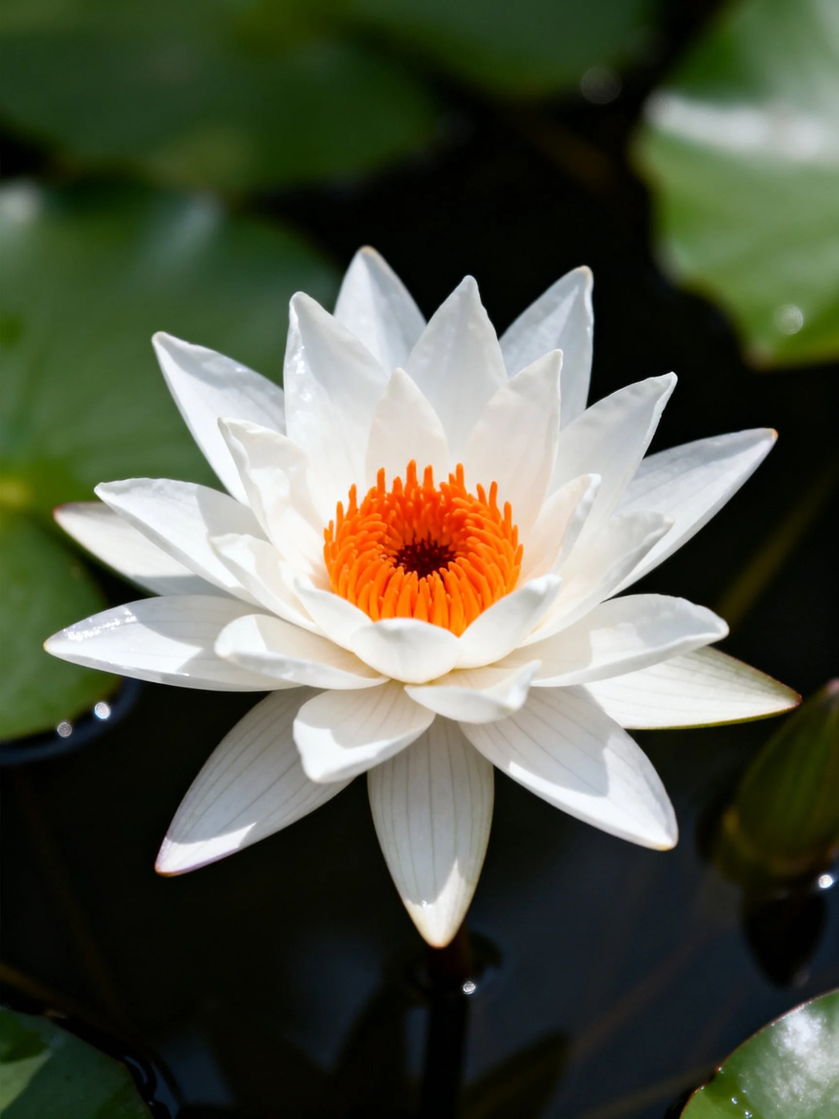 A white water lily with an orange center floats among green leaves