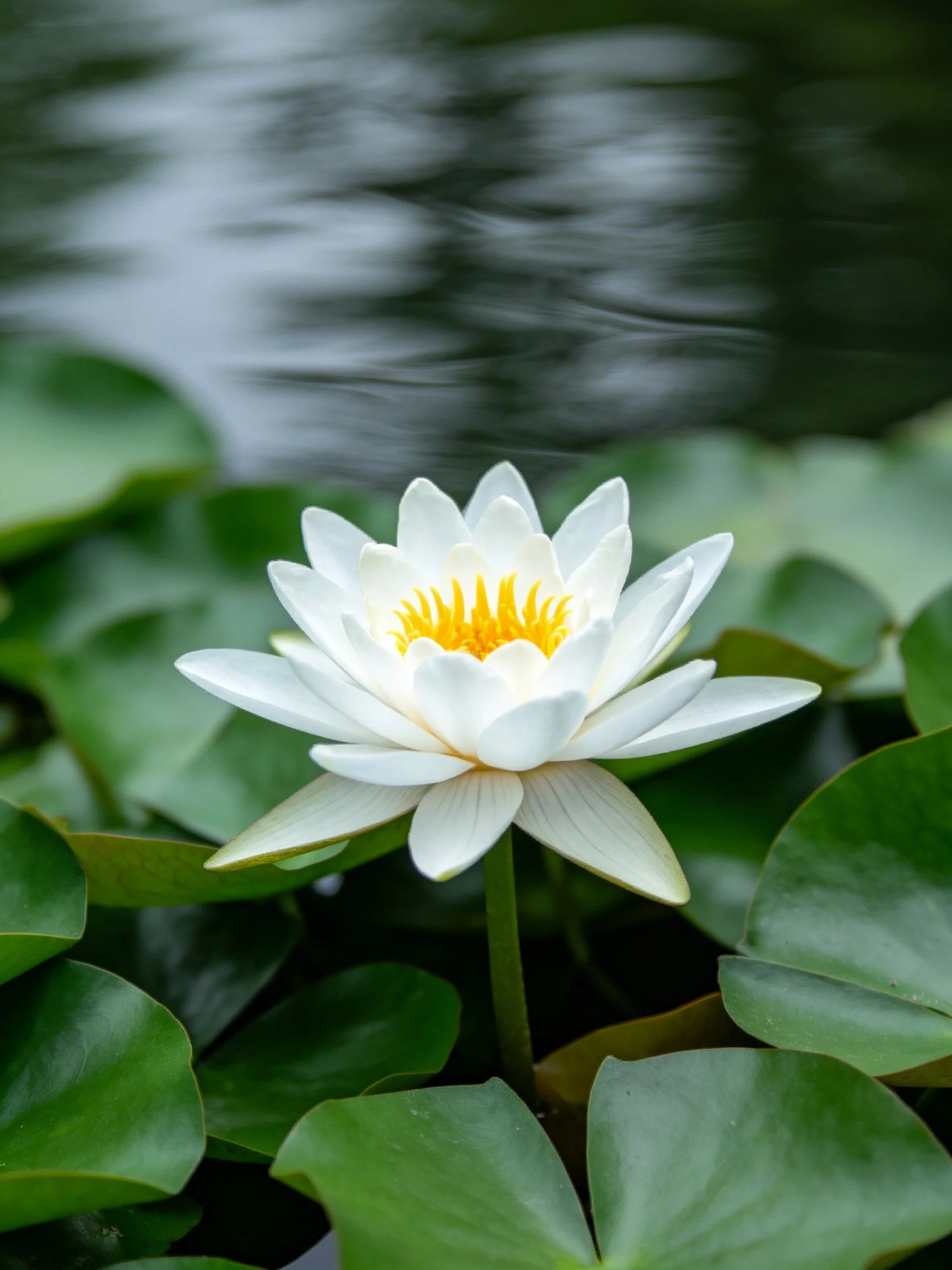 A white water lily with yellow center amid green lily pads