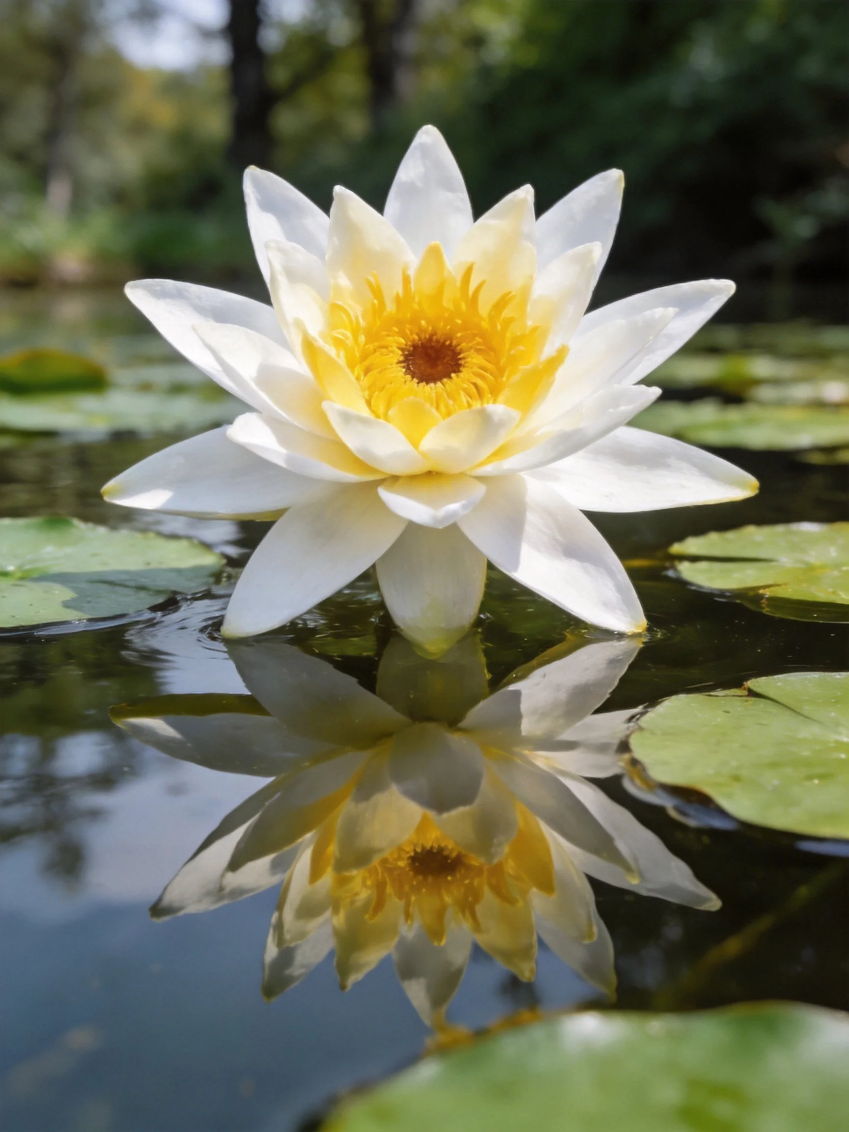 A white water lily with yellow center floats on calm water, near green lily pads