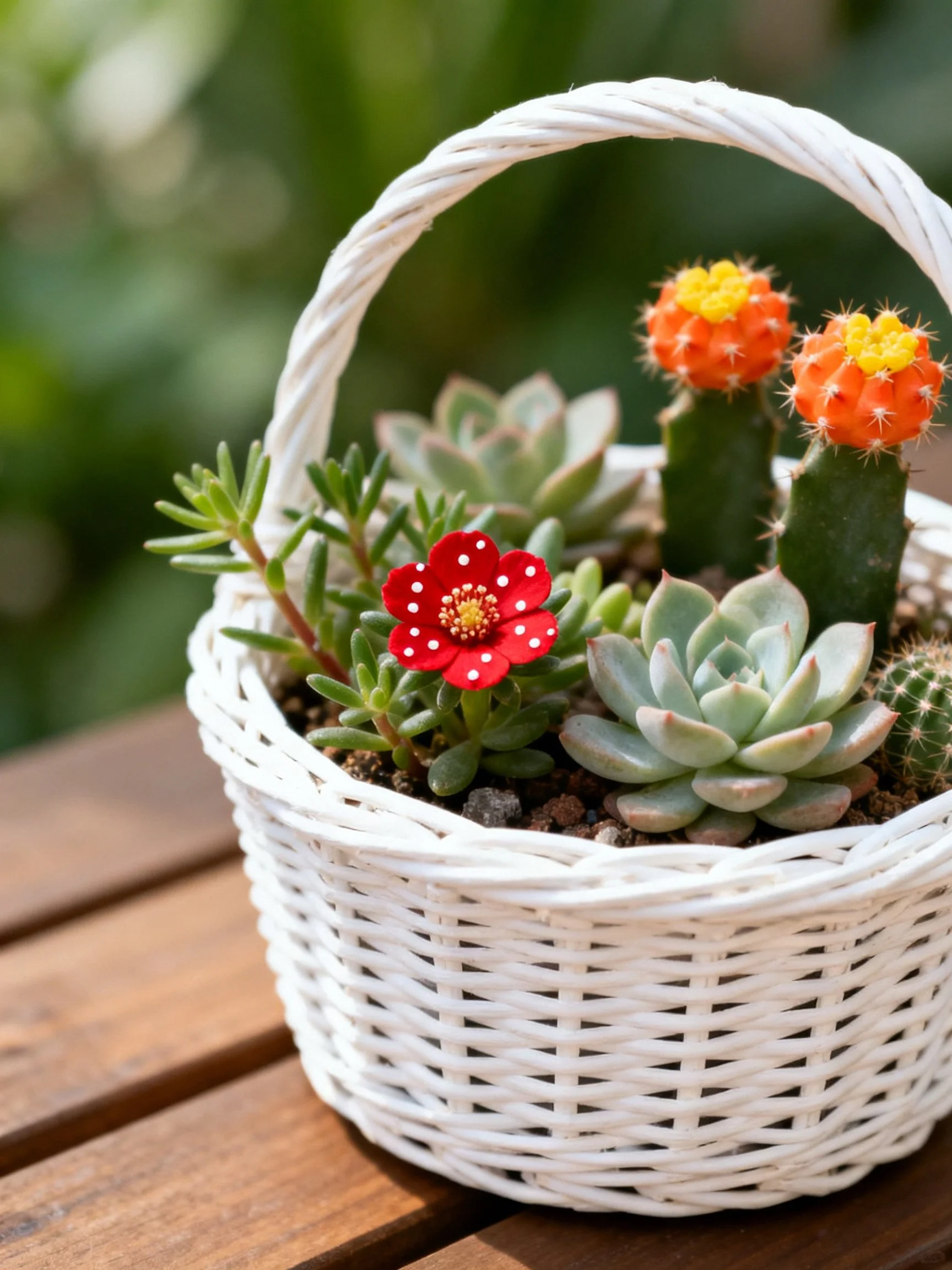A white wicker basket holds cacti, succulents, and a red flower