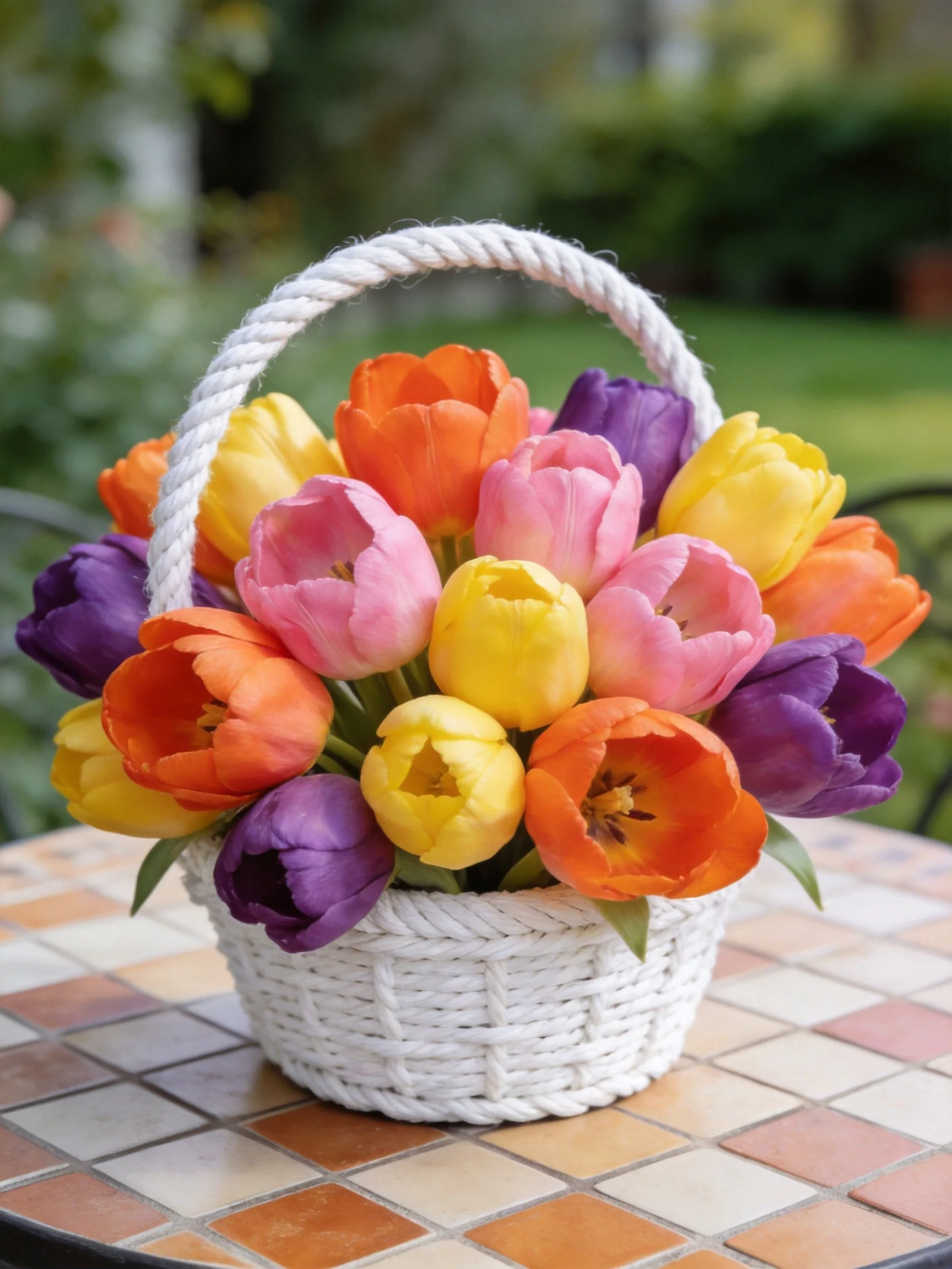 A white wicker basket holds vibrant tulips in purple, pink, yellow, and orange