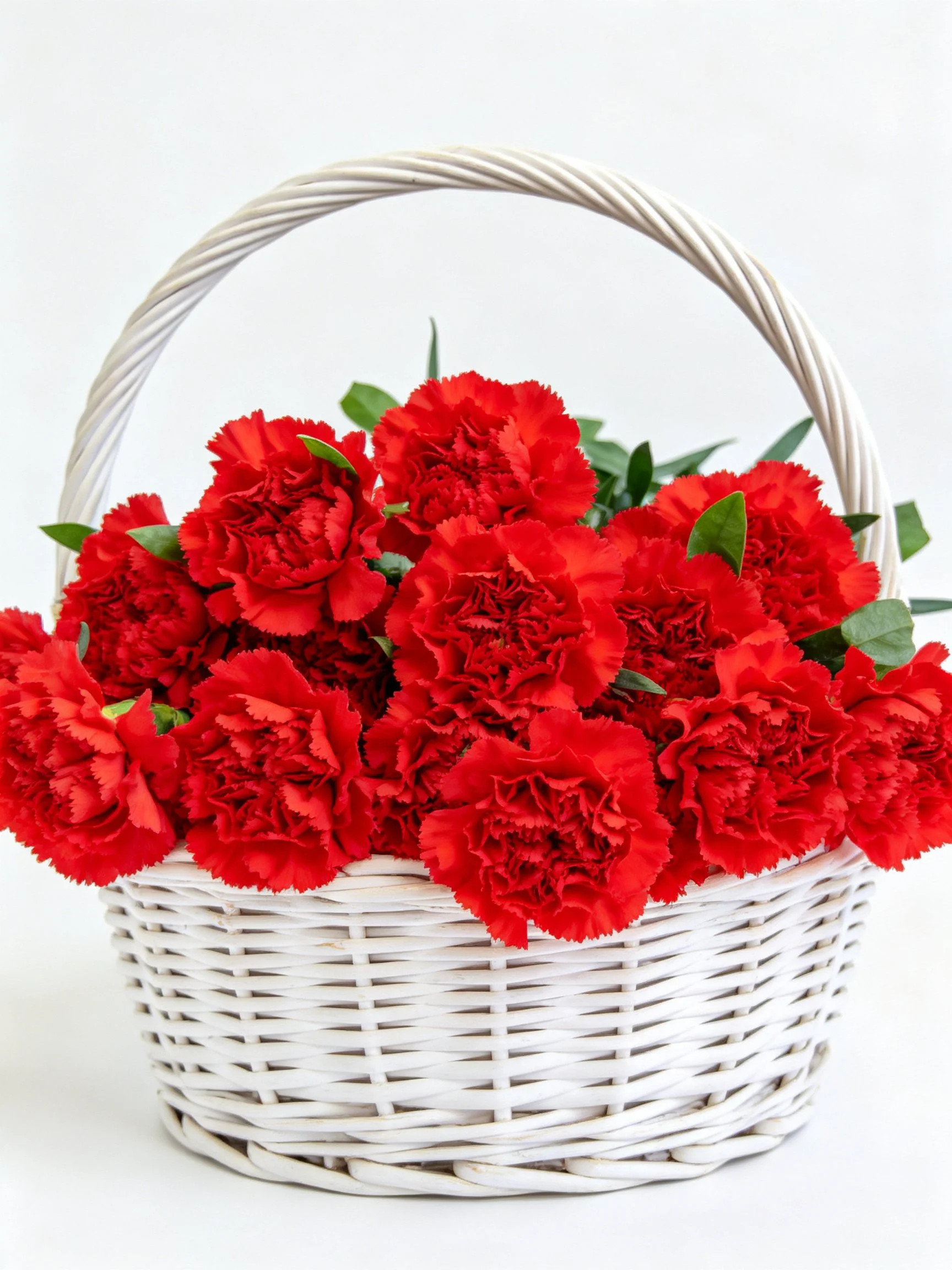A white wicker basket overflowing with vibrant red carnations