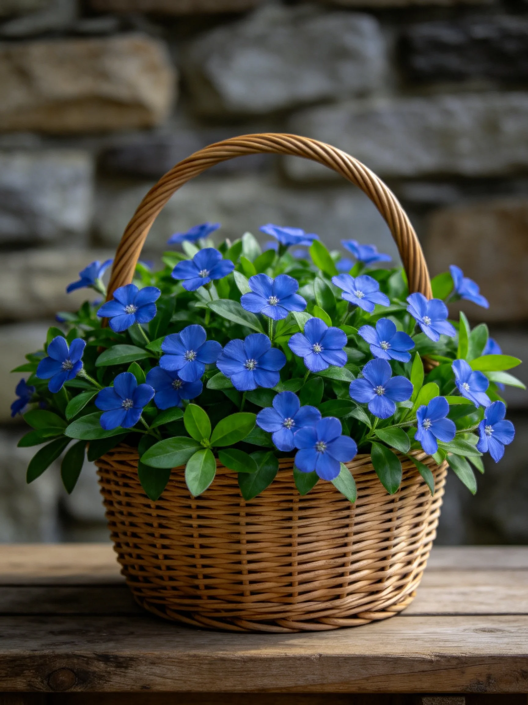 A wicker basket brimming with vibrant blue flowers near a stone wall