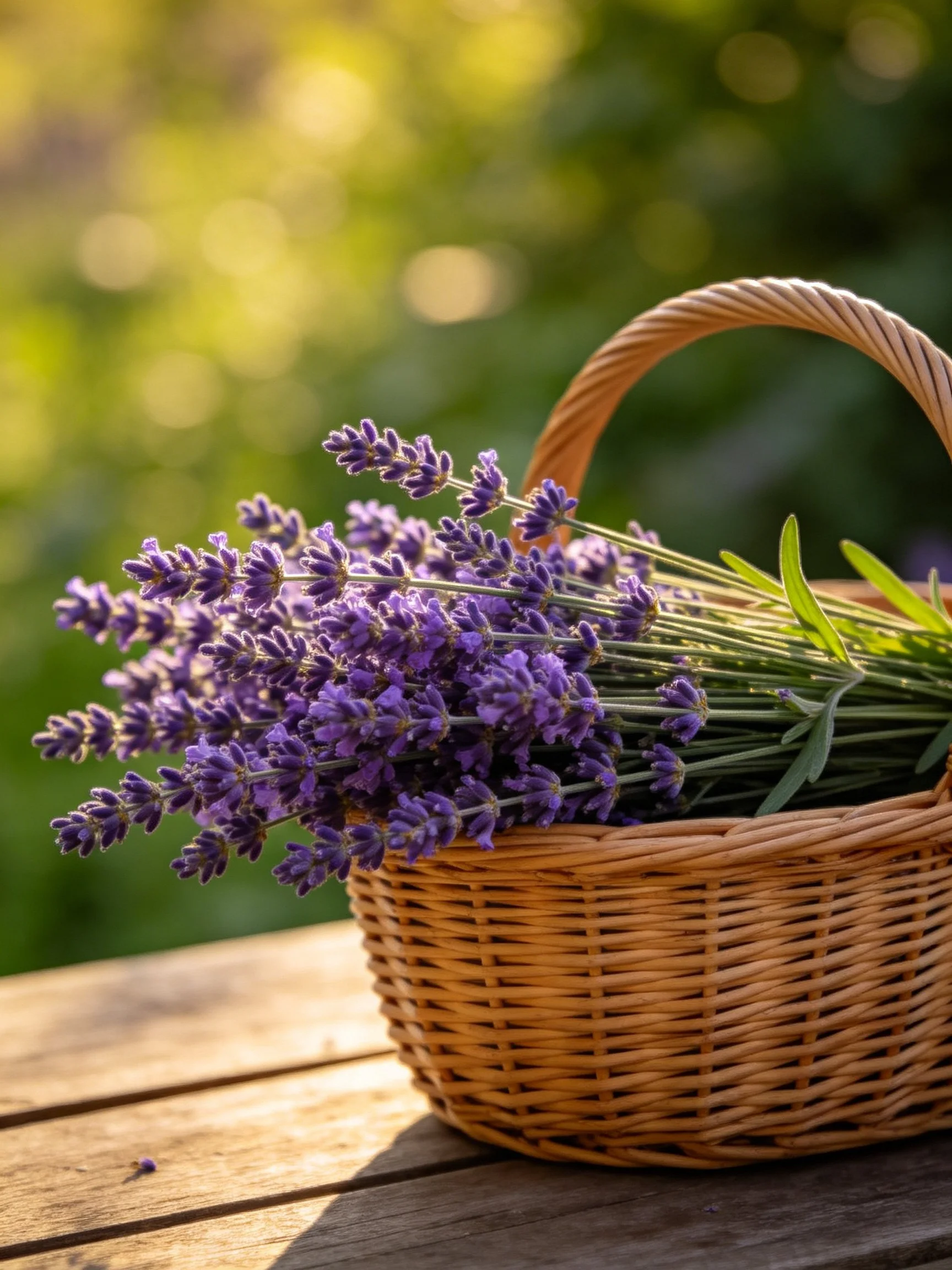 A wicker basket brimming with vibrant purple lavender flowers