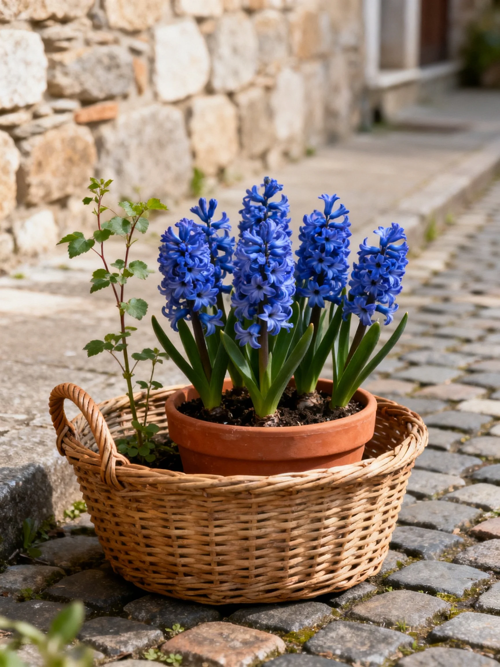 A wicker basket holds a terracotta pot with vibrant blue hyacinths