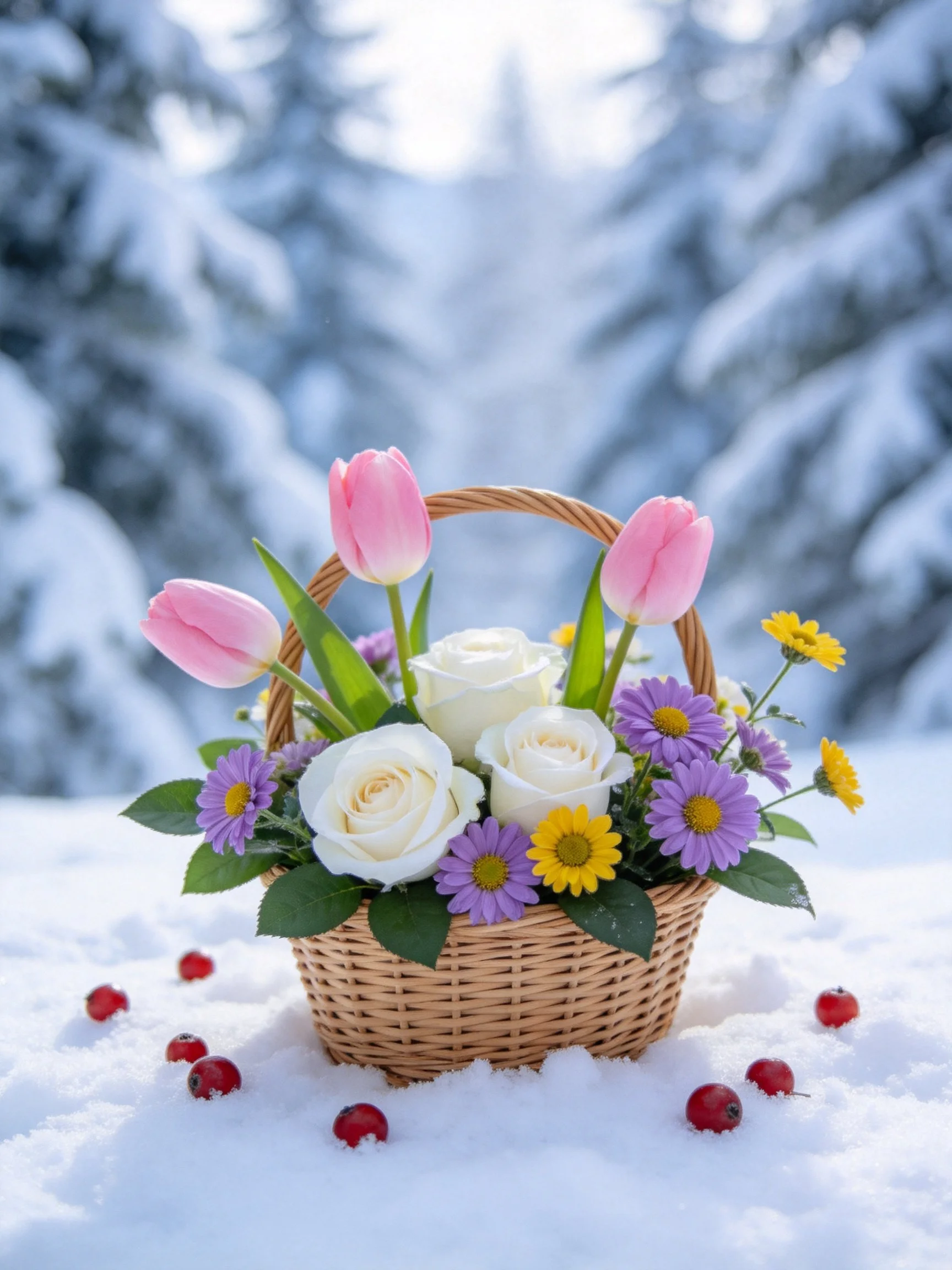 A wicker basket holds pink tulips, white roses, purple, yellow blooms, red berries on snowy ground
