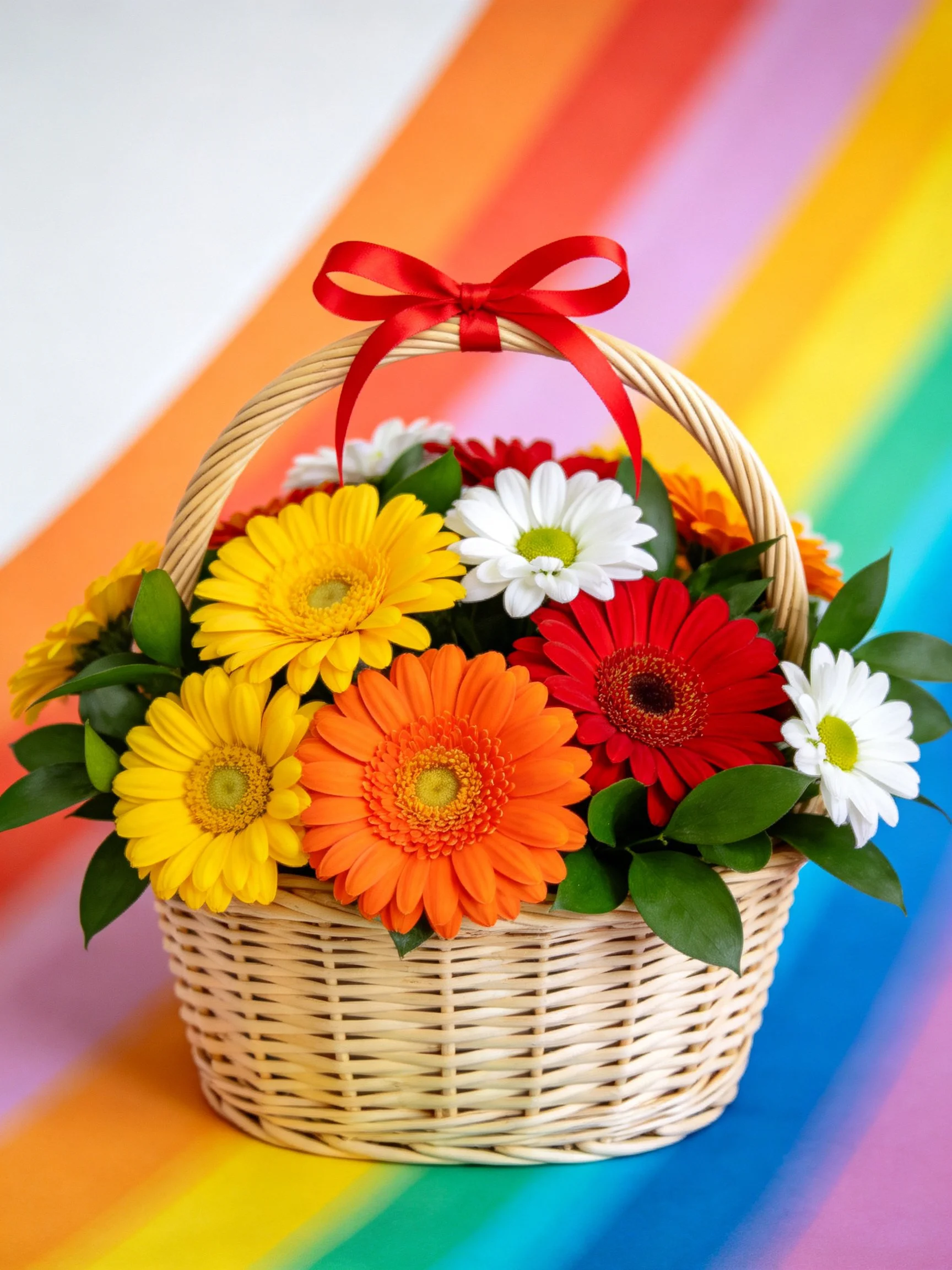 A wicker basket with vibrant gerbera daisies and a red ribbon