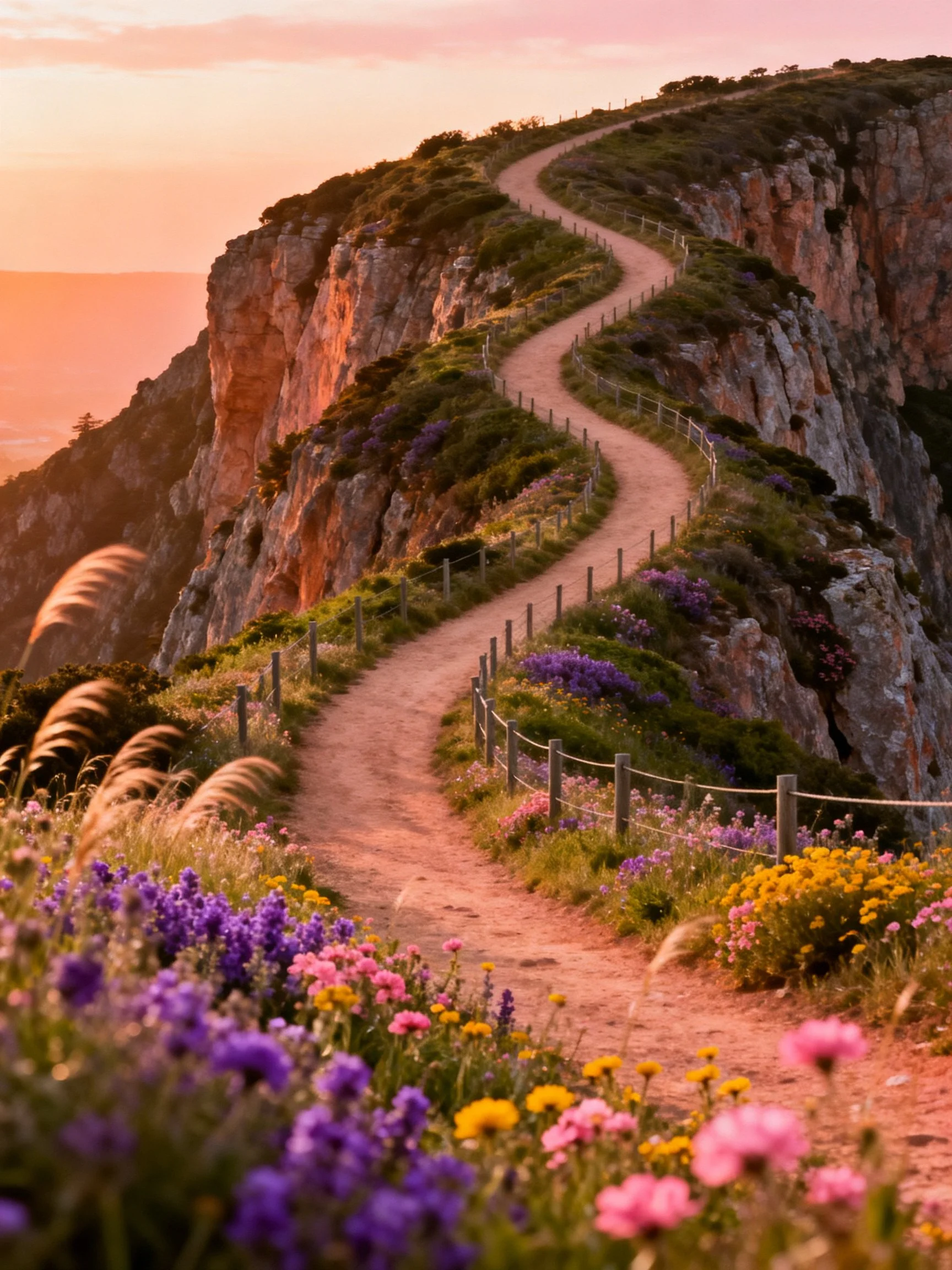 A winding cliffside path surrounded by vibrant wildflowers at sunset