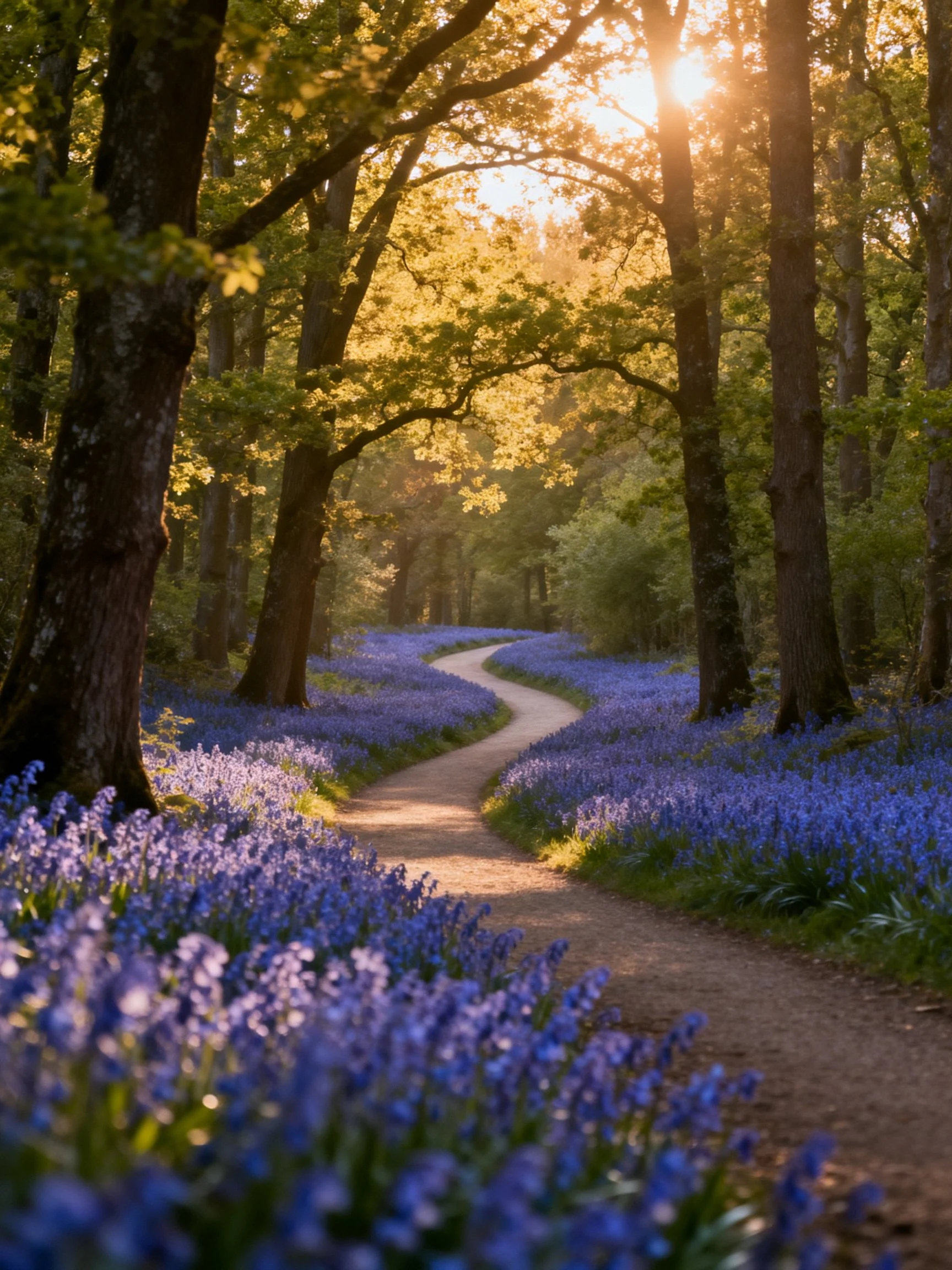 A winding path through a sunlit forest with tall trees and vibrant blue flowers