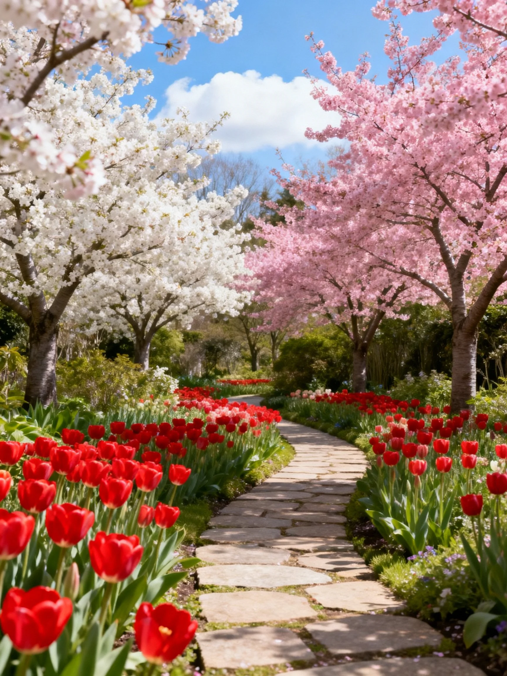 A winding stone path bordered by white and pink cherry trees, vibrant red tulips