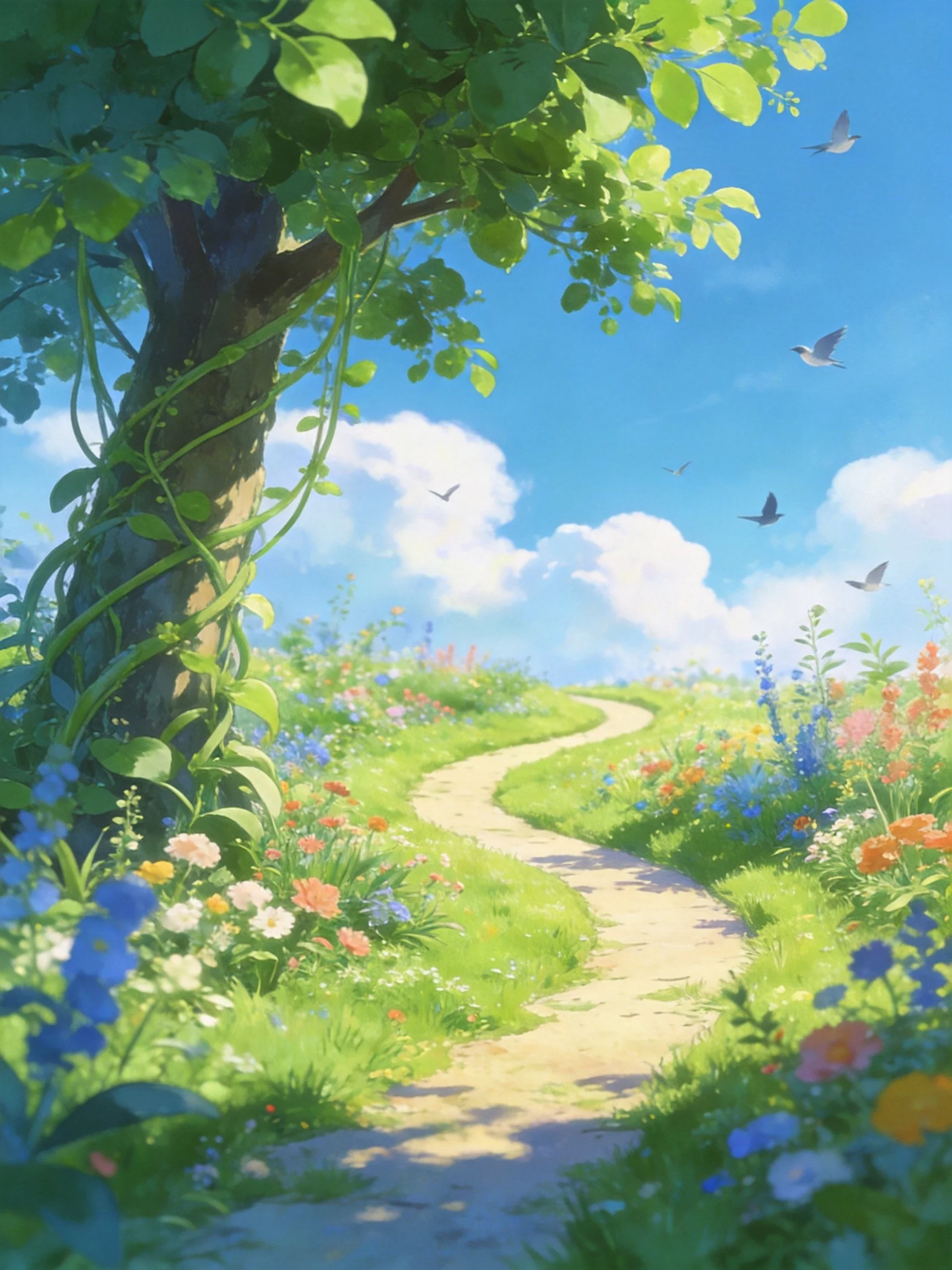 A winding stone path through vibrant flower fields under bright blue sky