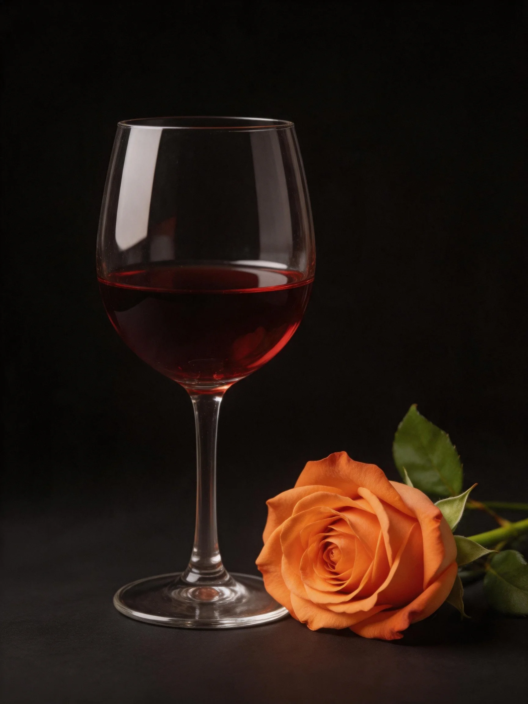 A wine glass of red wine beside an orange rose on a black surface