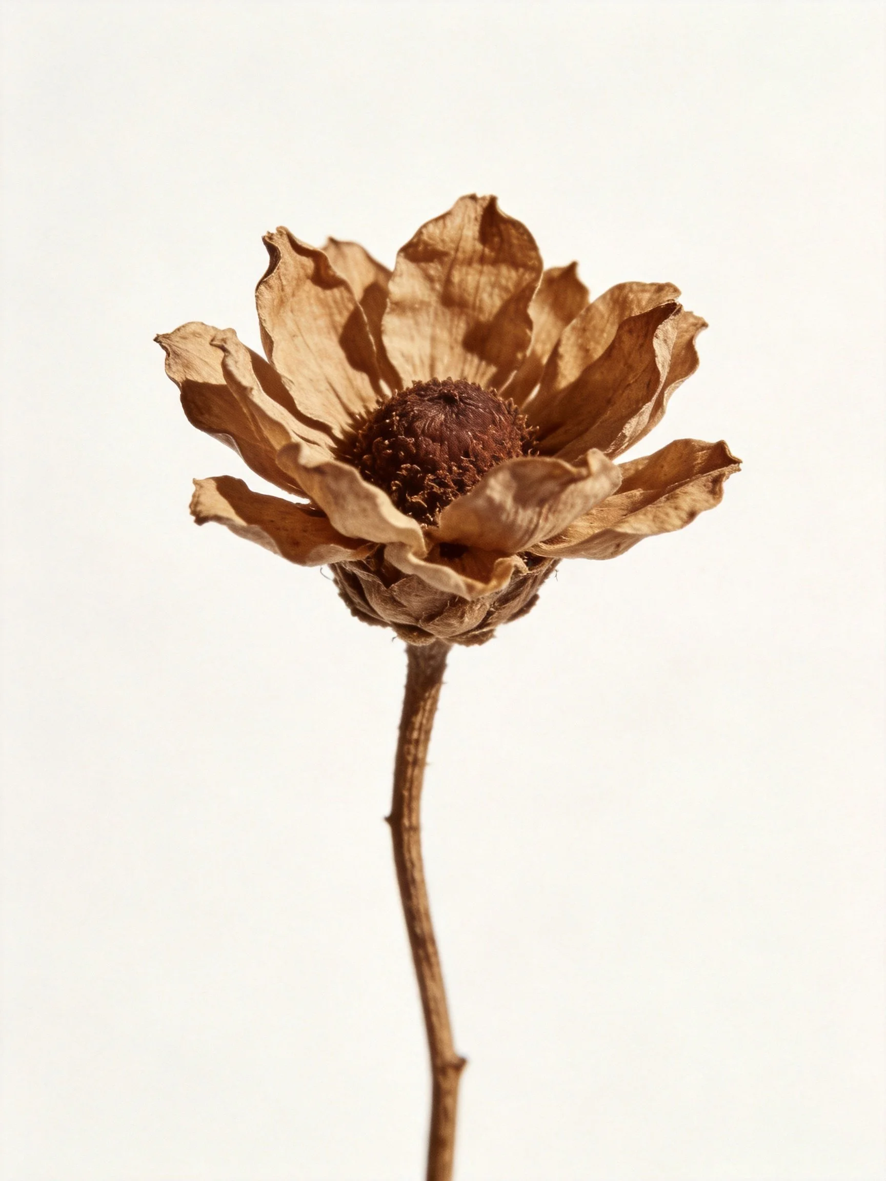 A withered brown flower with curled petals and a dark center