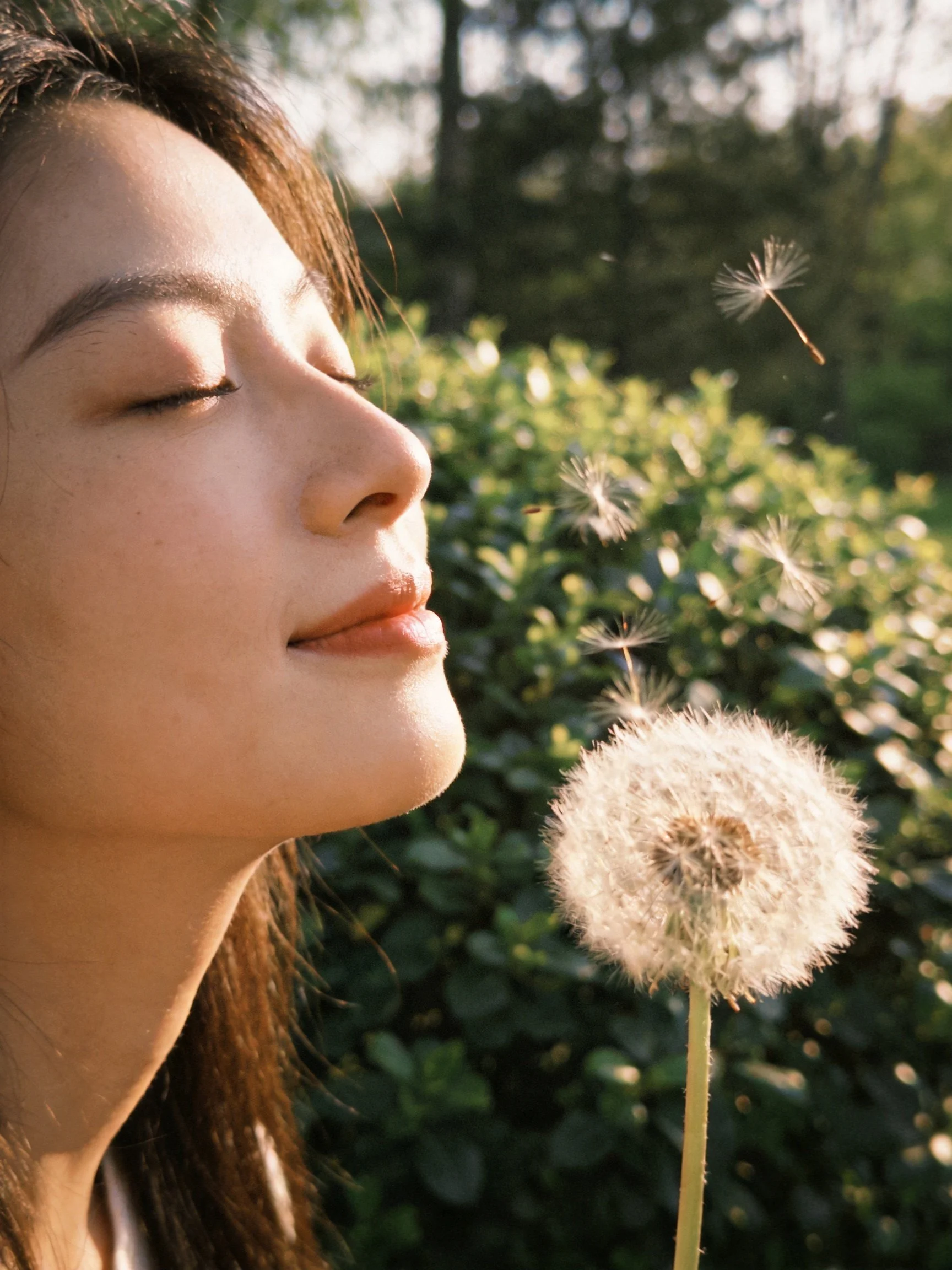 A woman blowing a white dandelion near green foliage