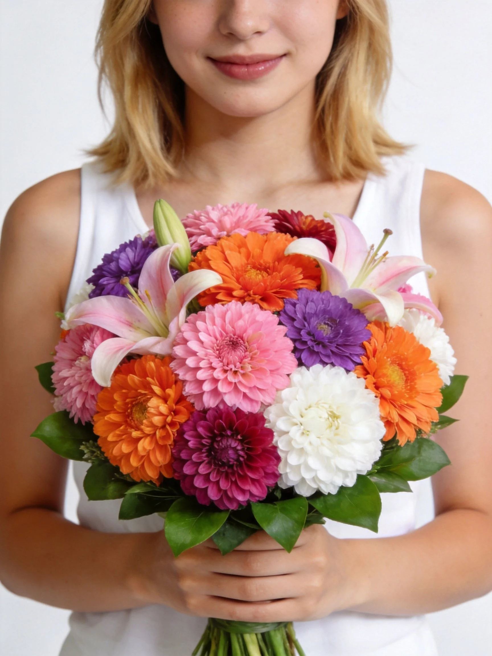 A woman holds a vibrant bouquet with pink, orange, purple, and white flowers