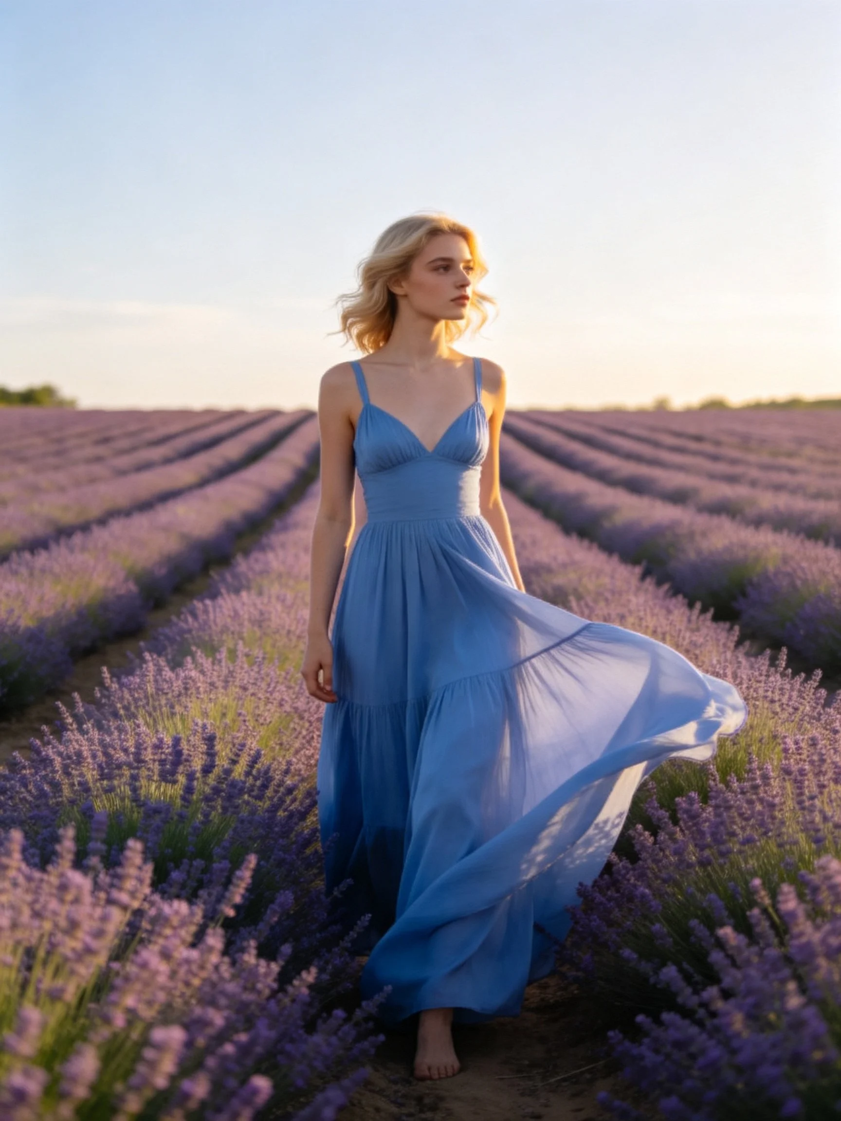 A woman in a flowing blue gown walks through rows of purple lavender fields