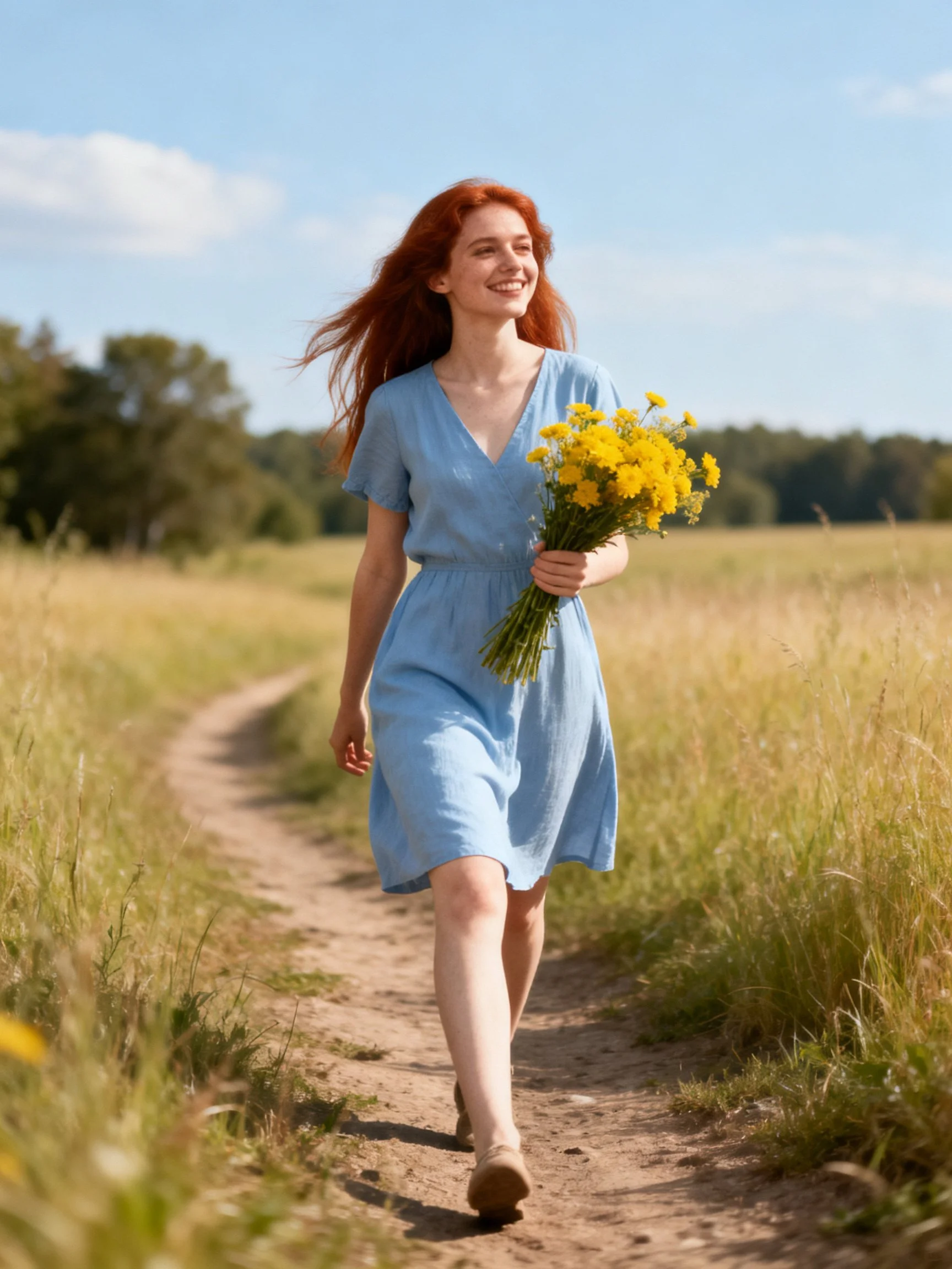 A woman in a light blue dress walks along a dirt path holding yellow flowers