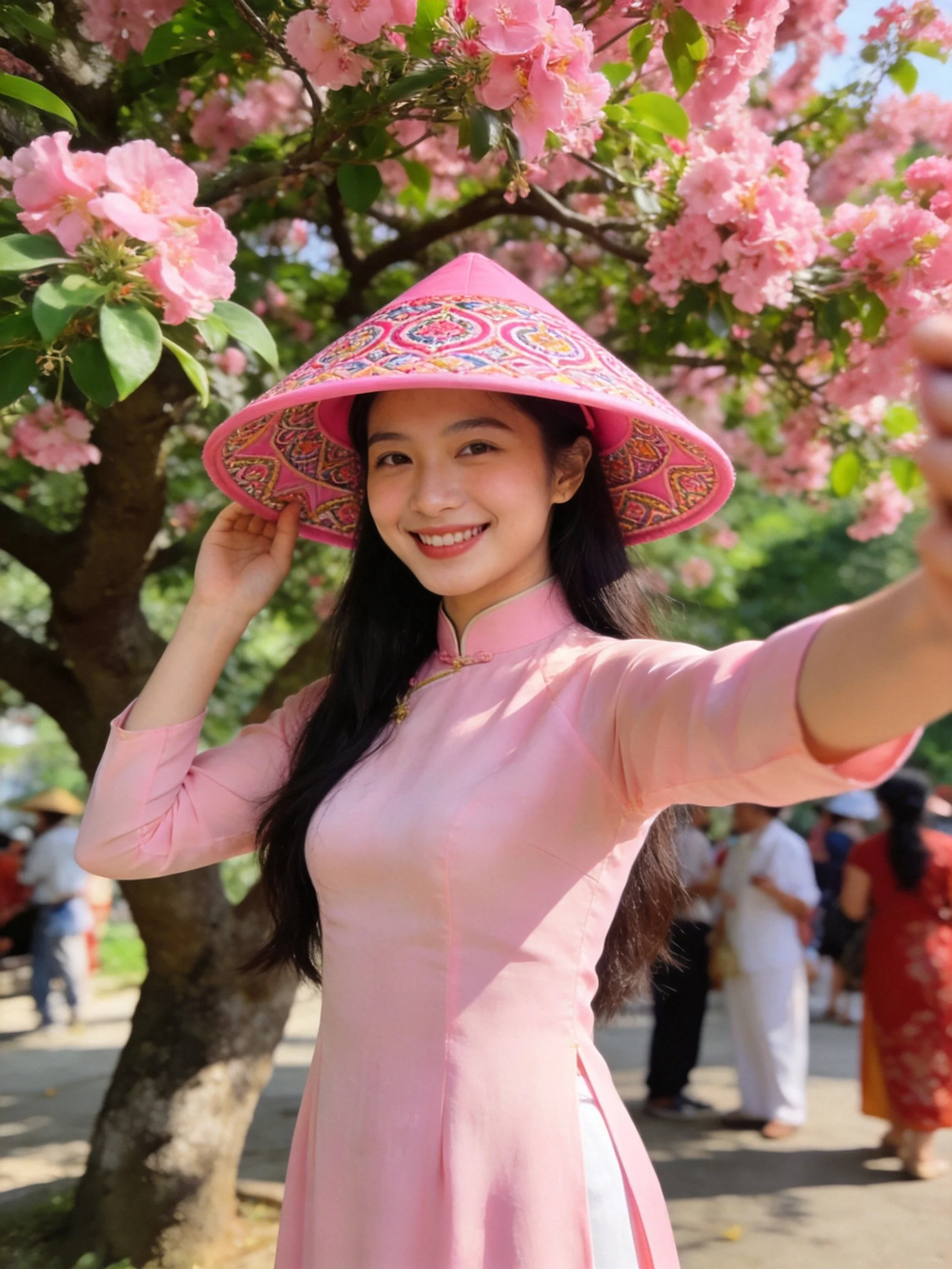 A woman in a pink traditional dress poses under blooming pink flowers