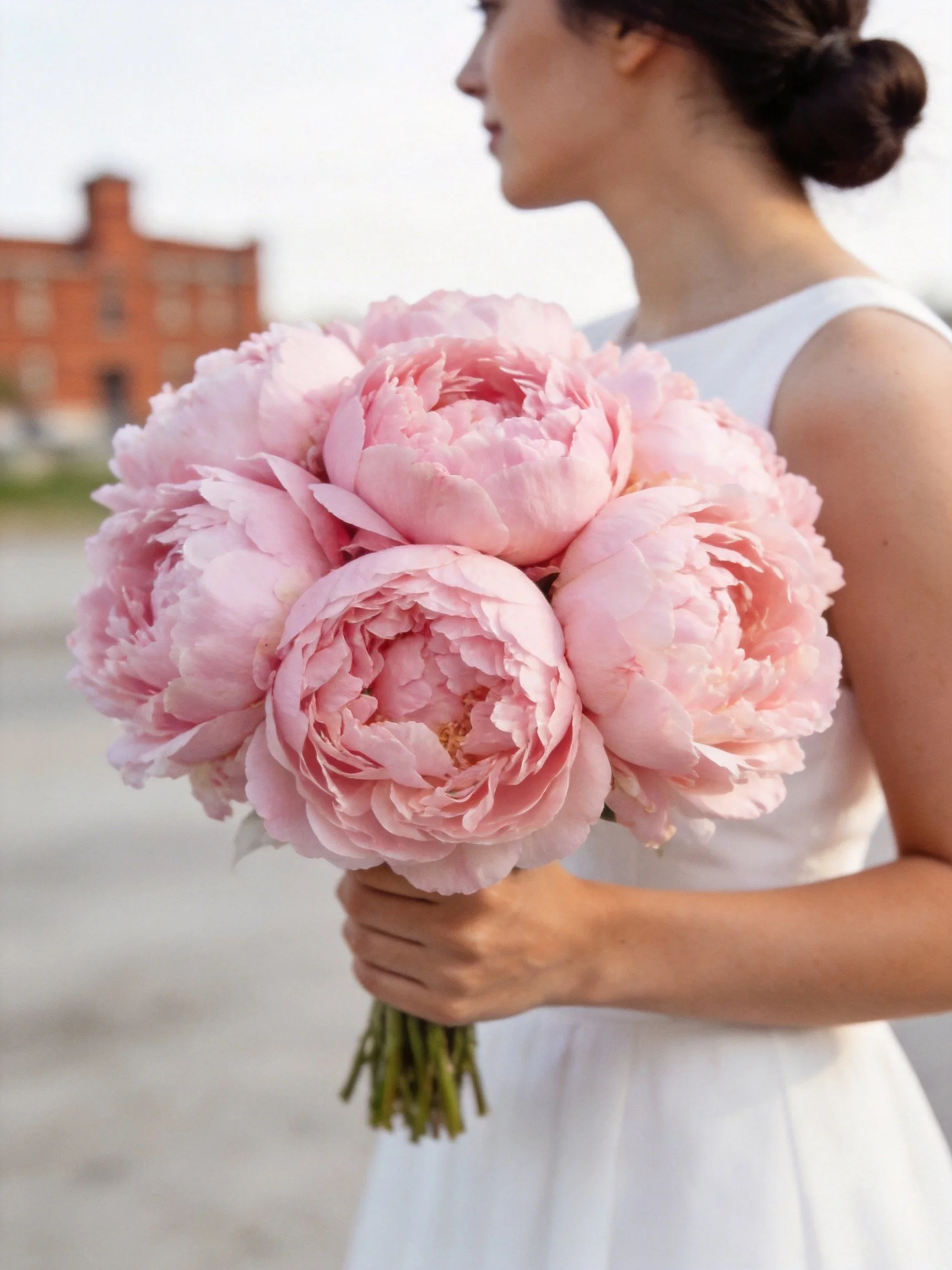 A woman in a white dress holds a large pink peony bouquet near a brick building