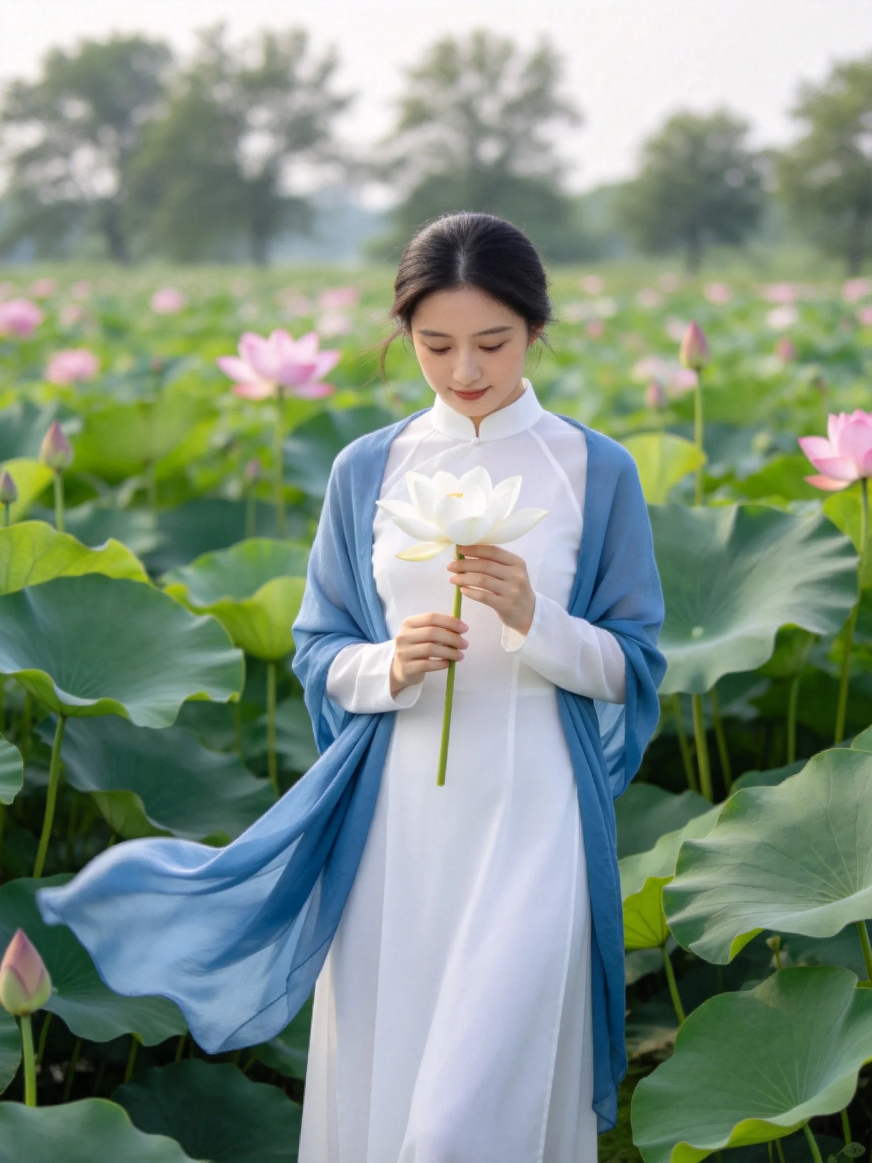 A woman in a white dress holds a white lotus in a lotus field
