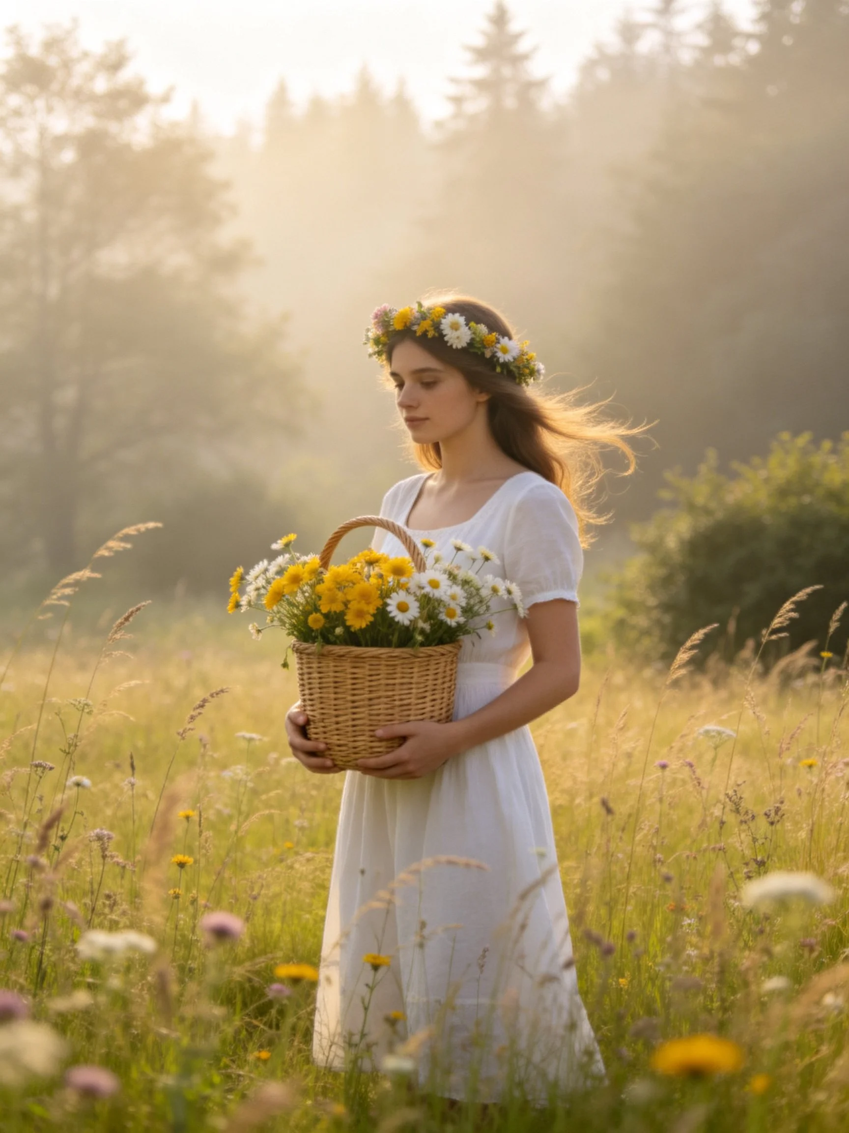 A woman in a white dress holds a wicker basket of yellow and white flowers in a sunlit meadow