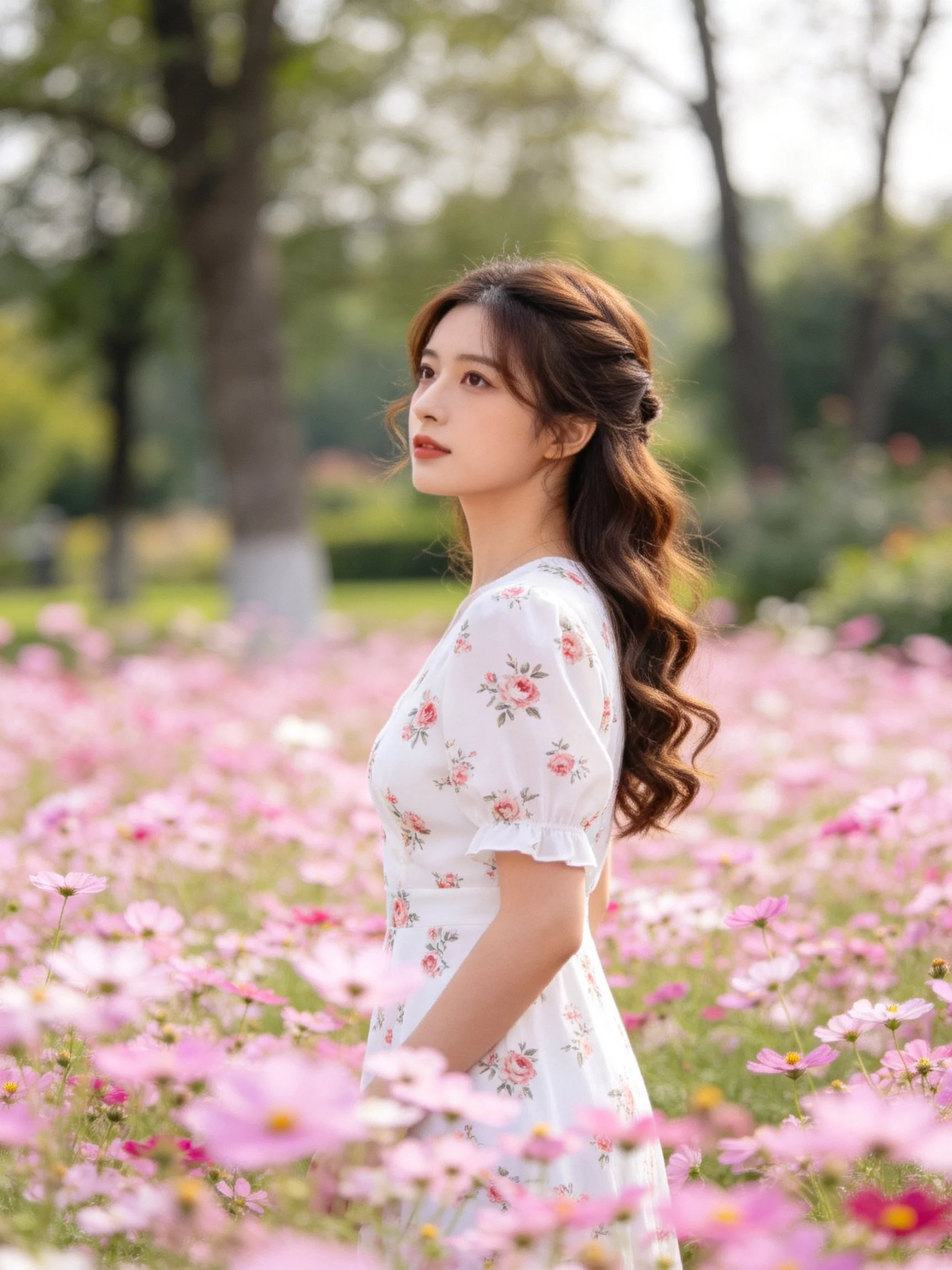 A woman in a white floral dress amid pink flower field with trees