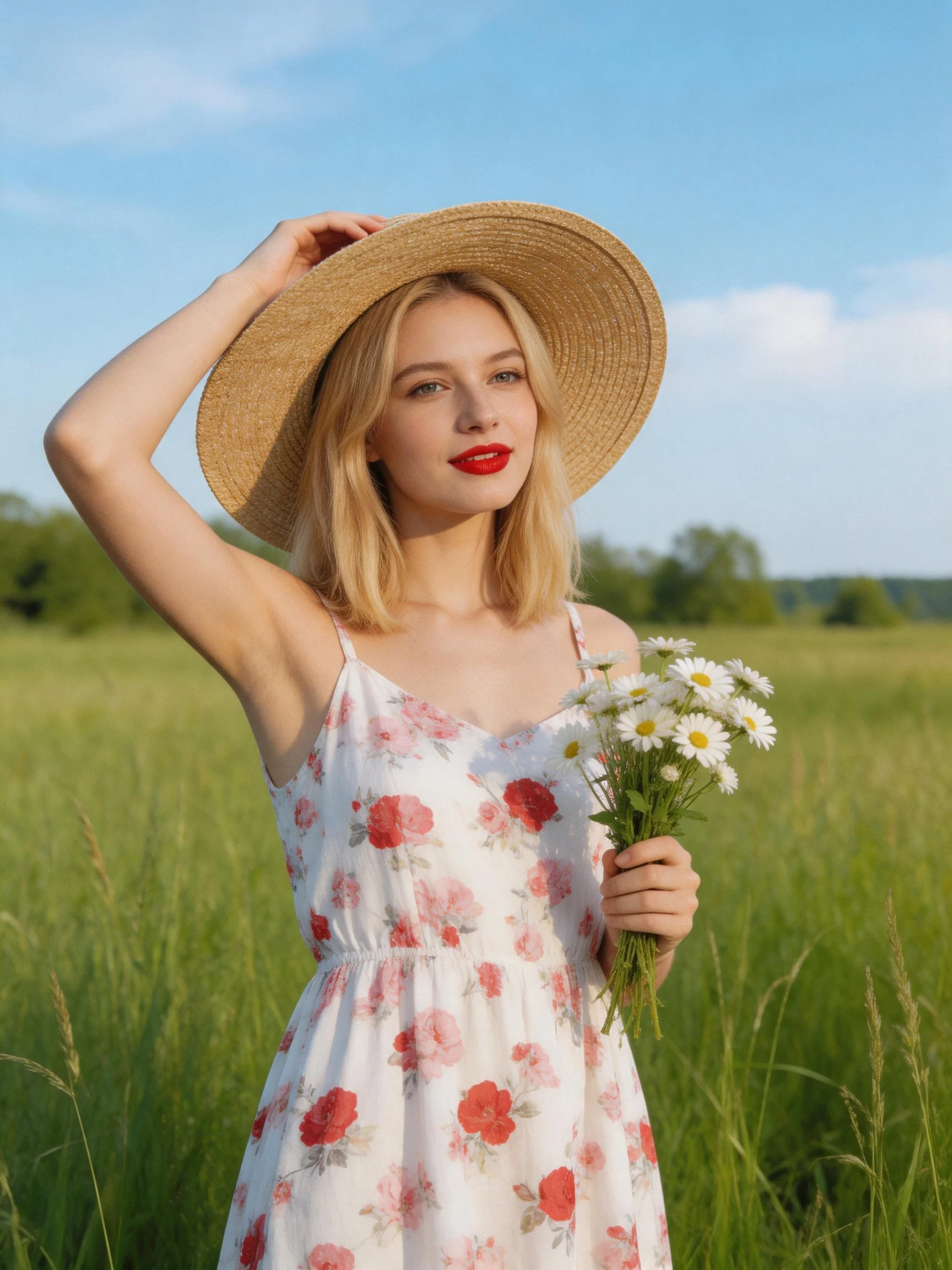 A woman in a white floral sundress holds daisies in a sunny meadow