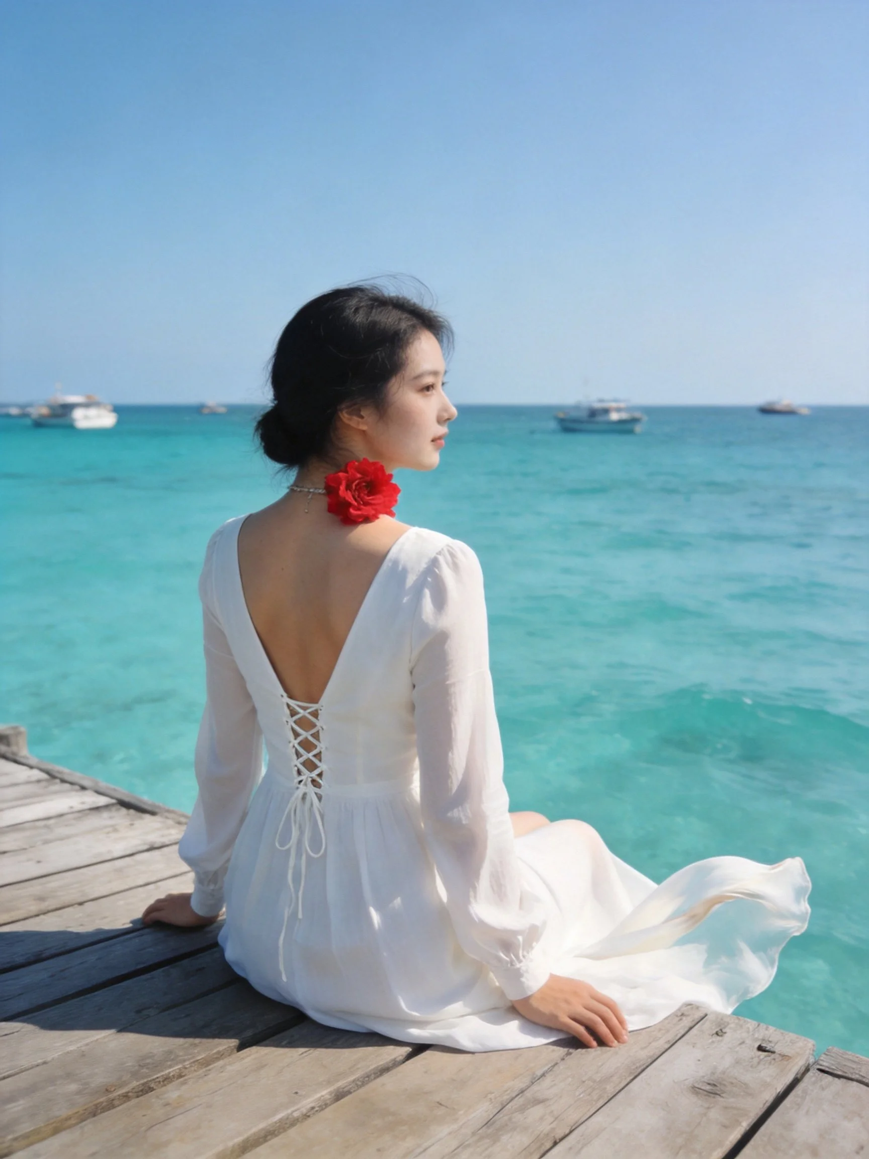 A woman in a white lace-back dress sits on a wooden dock by turquoise sea