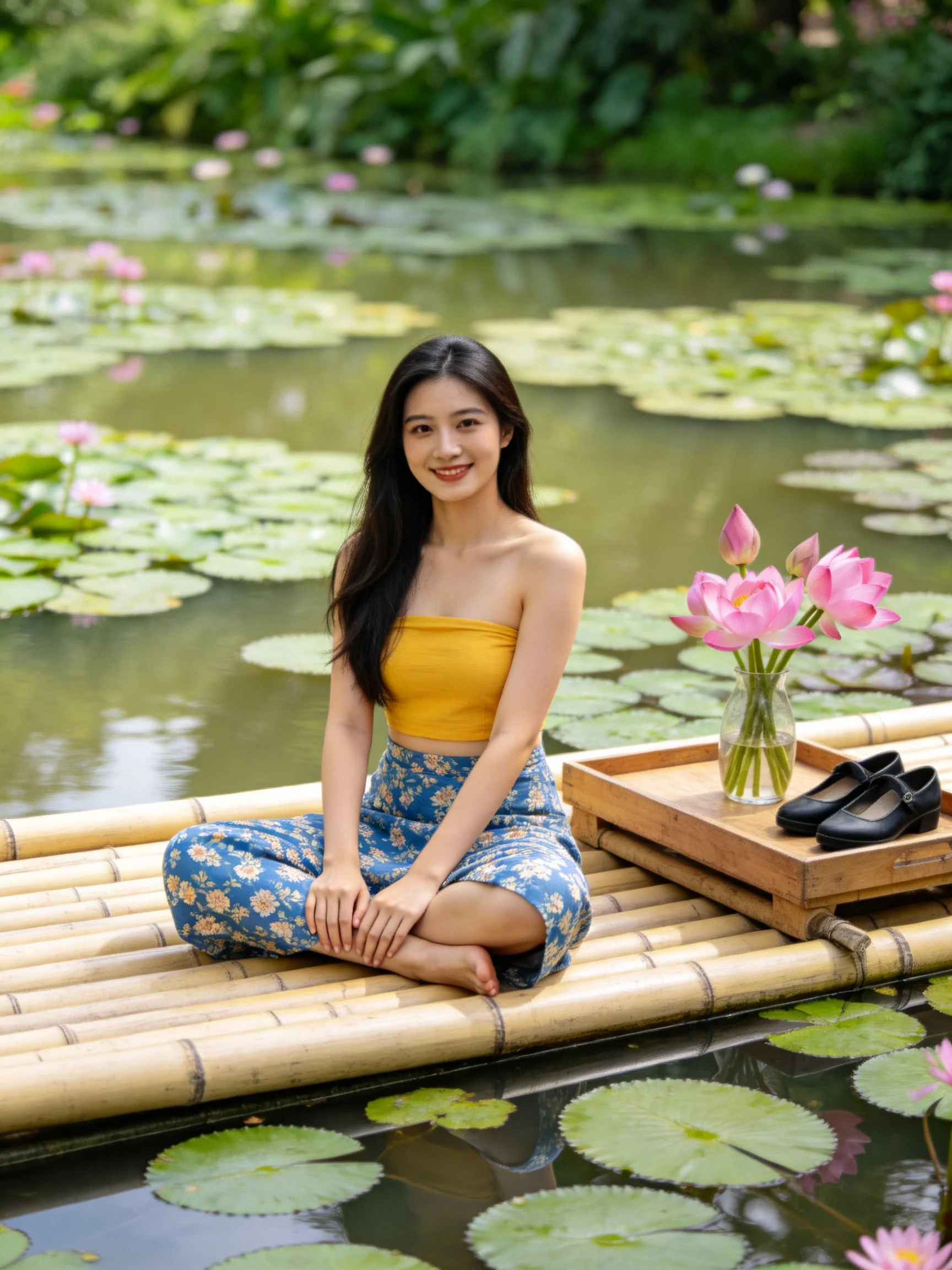 A woman in a yellow strapless top sits on a bamboo raft by lily pads