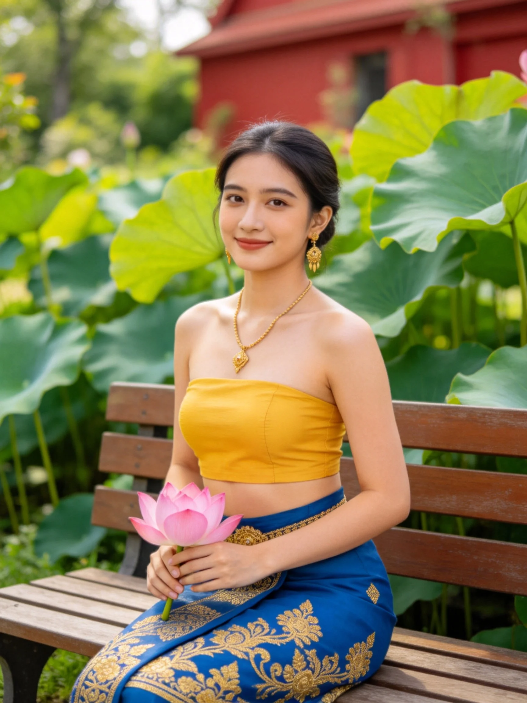 A woman in yellow tube top and blue patterned skirt holds pink lotus near large green leaves