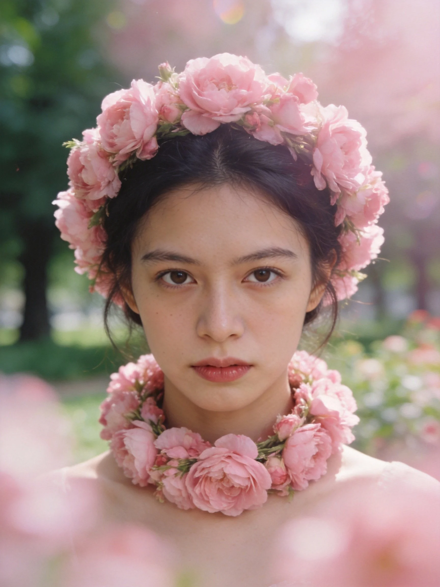 A woman wearing pink flower crowns and a matching necklace in a garden