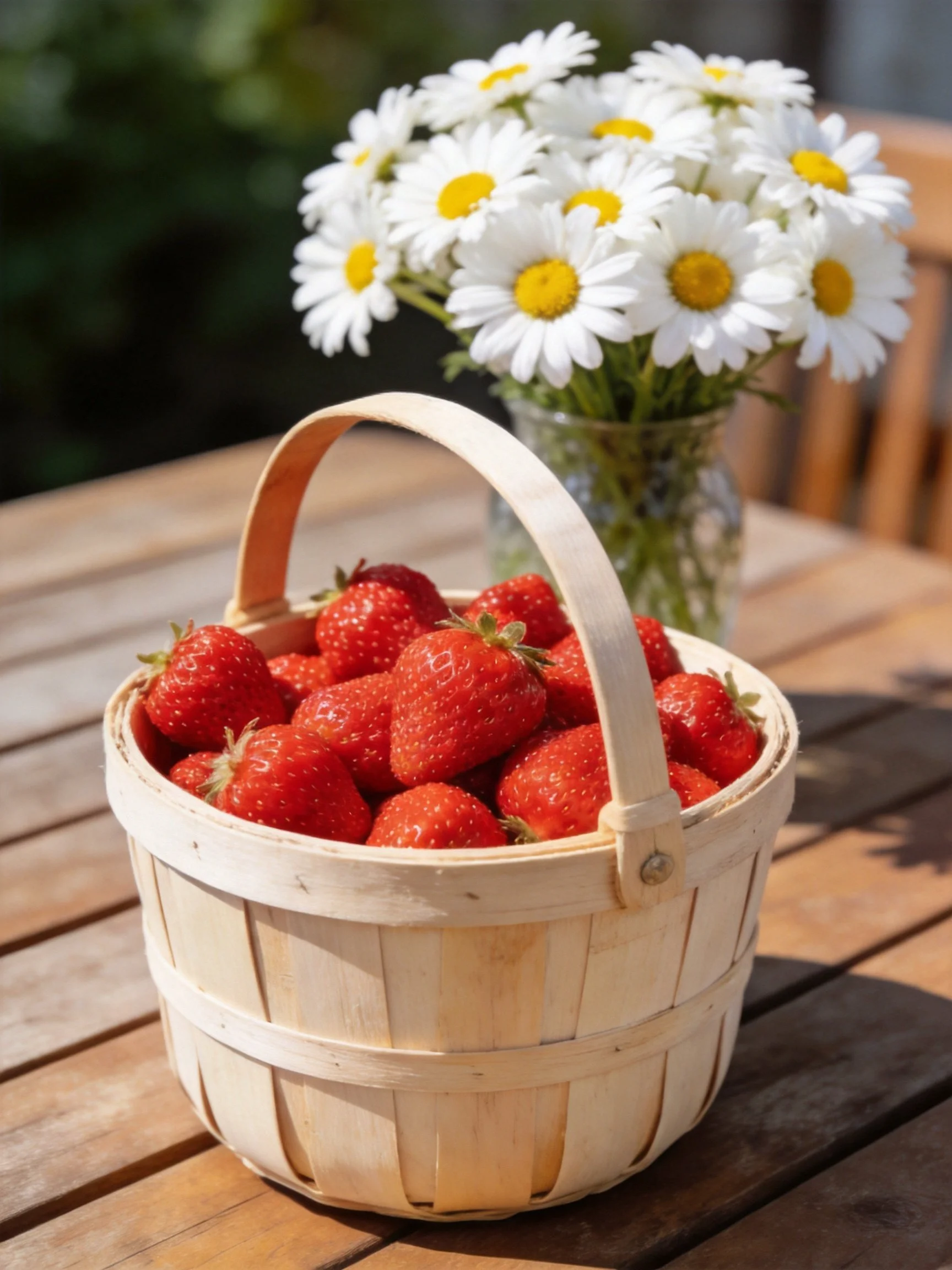 A wooden basket of plump red strawberries beside a vase of white daisies