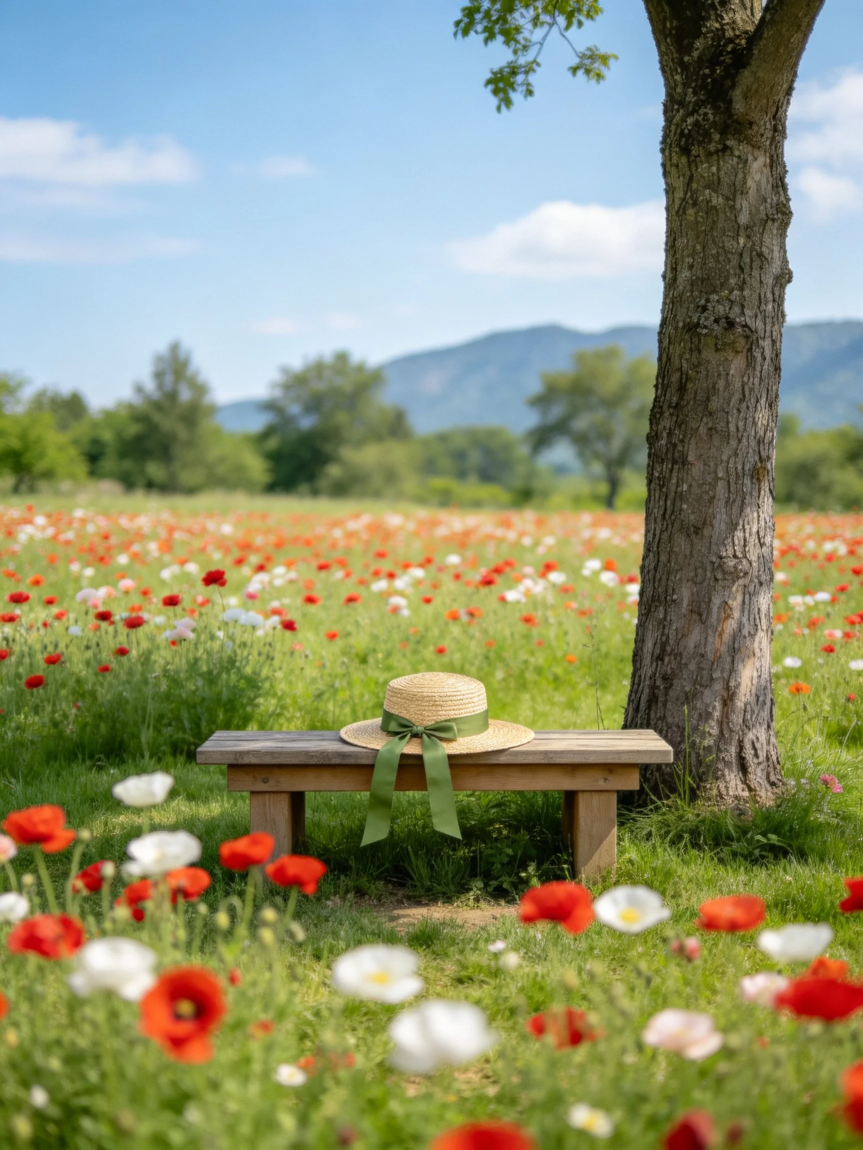 A wooden bench holds a straw hat near a large tree in a vibrant flower field