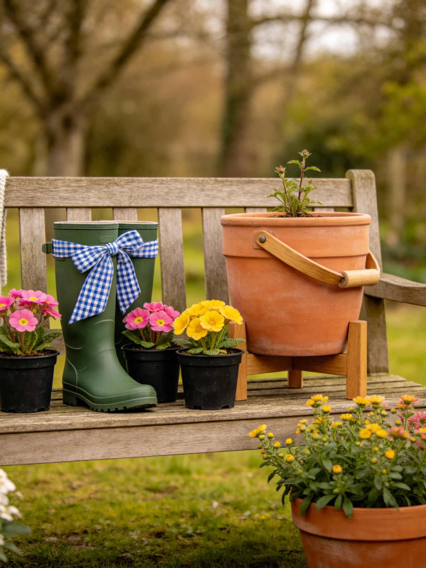 A wooden bench holds green rain boots, terracotta pots, and colorful flower pots.